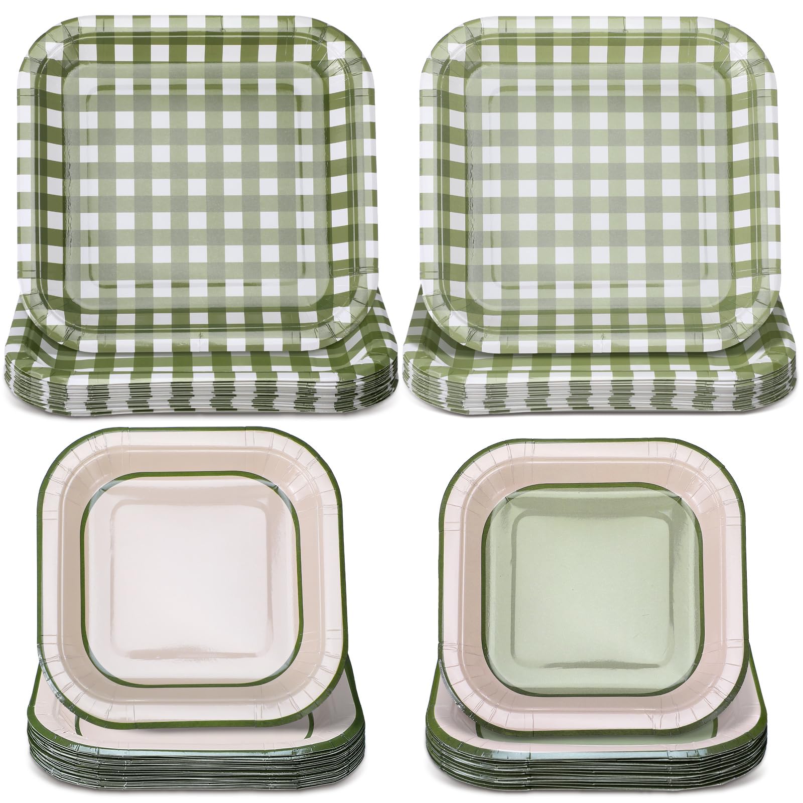 Pickmesh 100 Pcs Sage Green Camp Gingham Paper Plates Disposable Scalloped Plaid Plates Camp Bachelorette Party Supplies Checkred Dinner Dessert