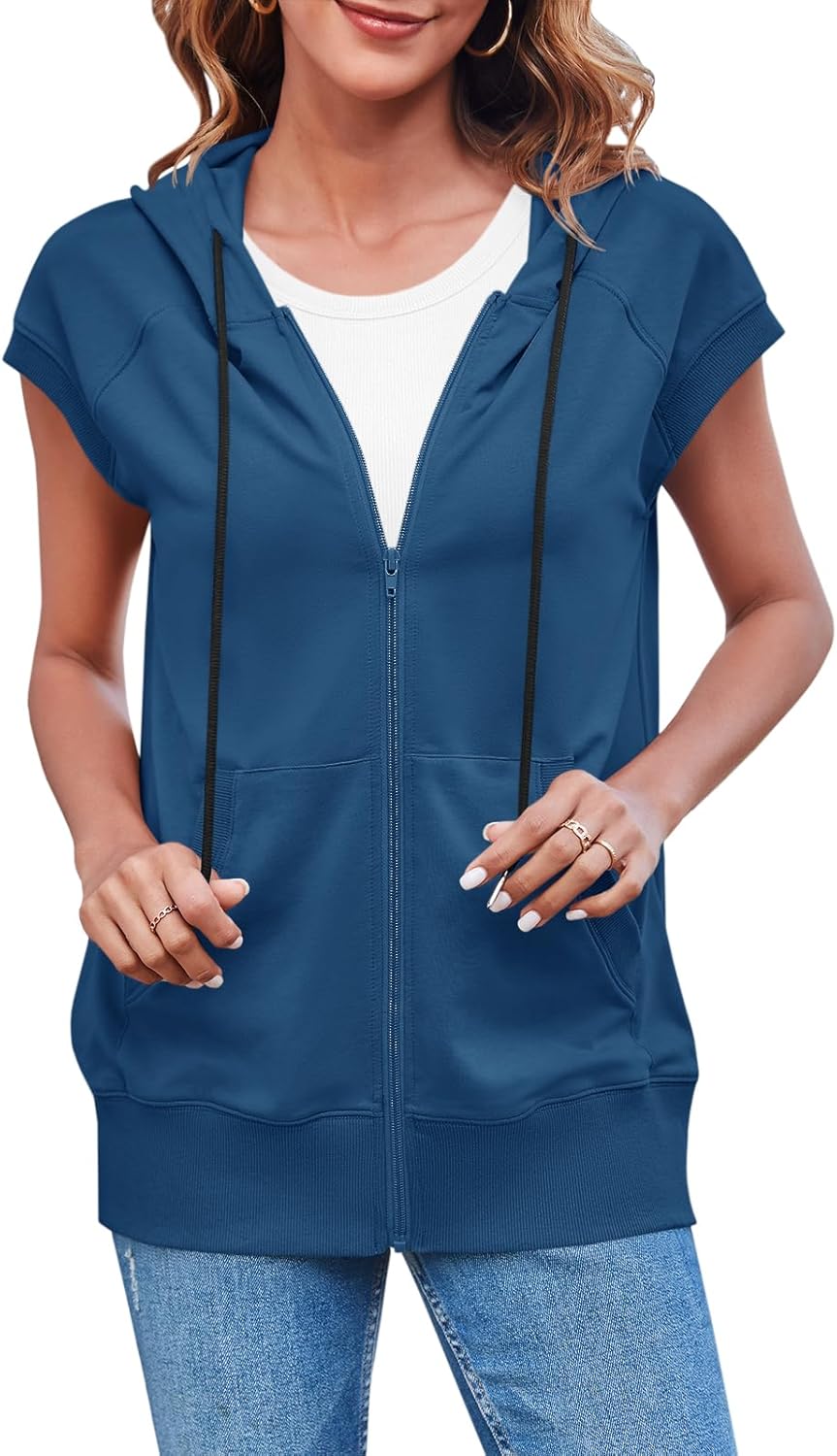 Fisoew Women's Sleeveless Zip Up Hoodies Casual Loose Fit Drawstring Sweatshirts Lightweight Jackets Vest with Pockets