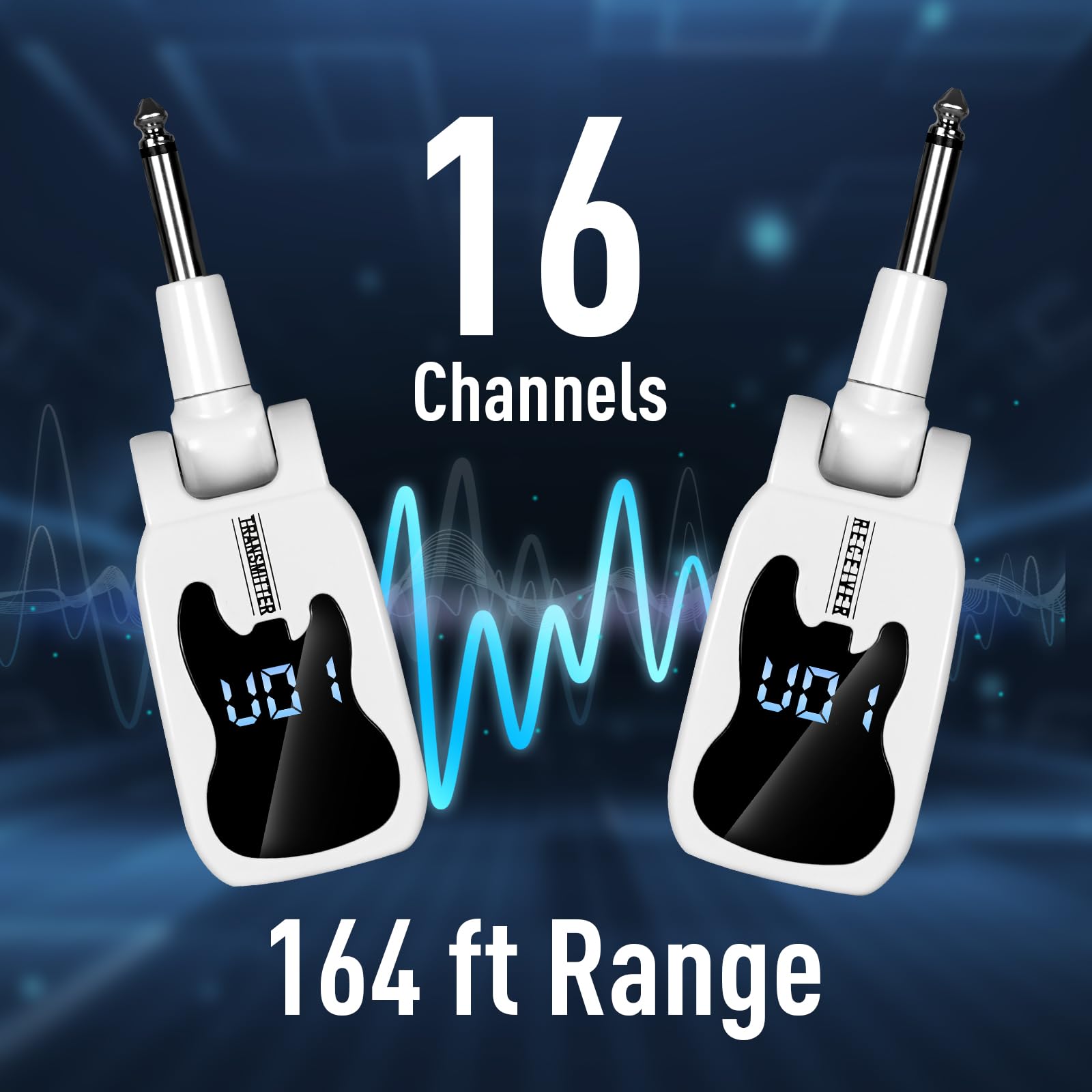 Système de guitare sans fil avec 16 fréquences réglables, émetteur récepteur sans fil rechargeable pour guitare, basse, instruments électriques (blanc)