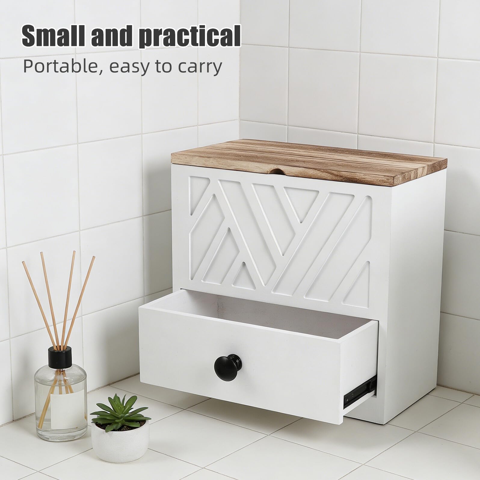 Damenhygiene Aufbewahrungsbox mit Schublade, Doppellagig | Weiß, für Badezimmer und Waschtisch, Elegante Holzmaserung, Minimalistisches Design, Praktische Entnahme
