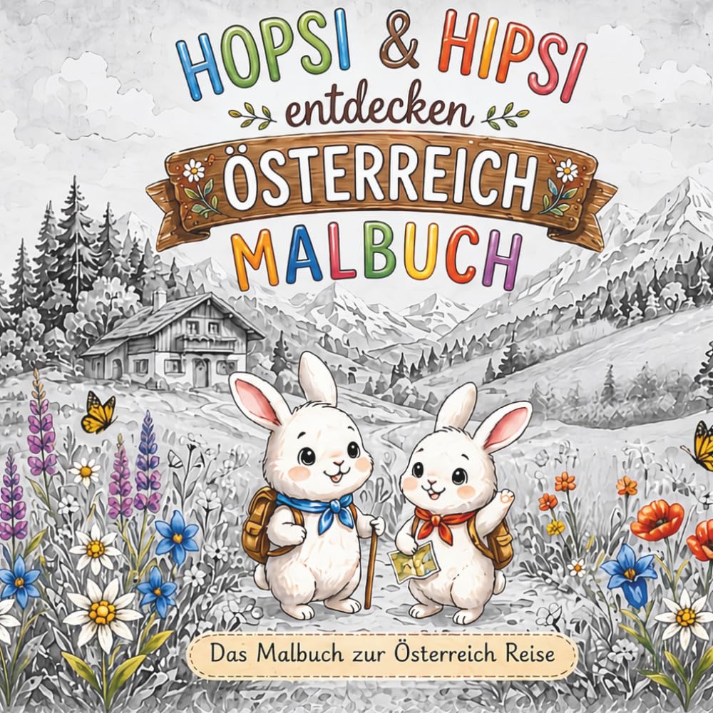 Hopsi & Hipsi - Das Malbuch zur Österreich Reise: Liebevolle Ausmalbilder mit Tieren, Landschaften und Sehenswürdigkeiten für Kinder ab 4 Jahren