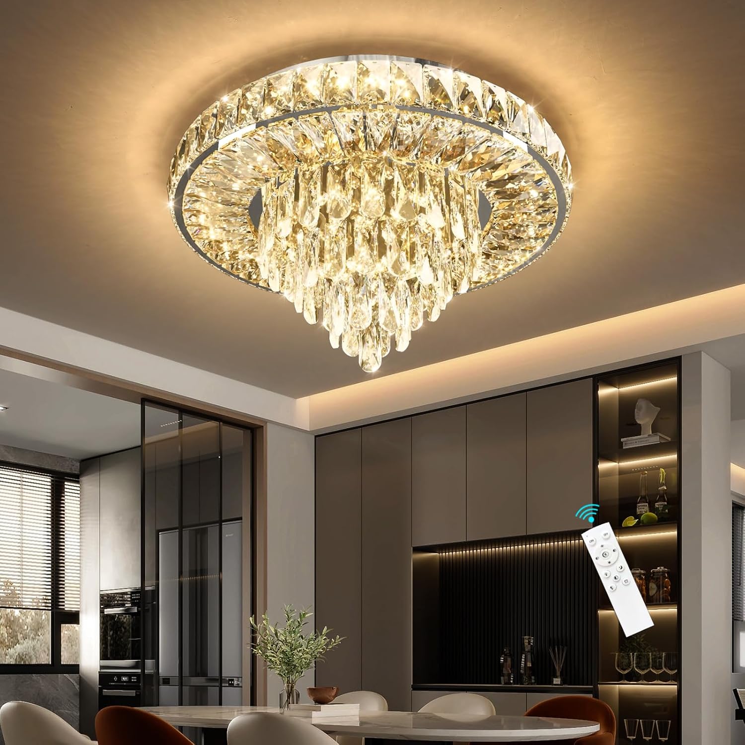 Modern Crystal Chandelier Dimmable LED Ceiling Light Fixture with Remote 35W Ceiling Chandeliers for Dining Room Living Room Bedroom Entryway Silver