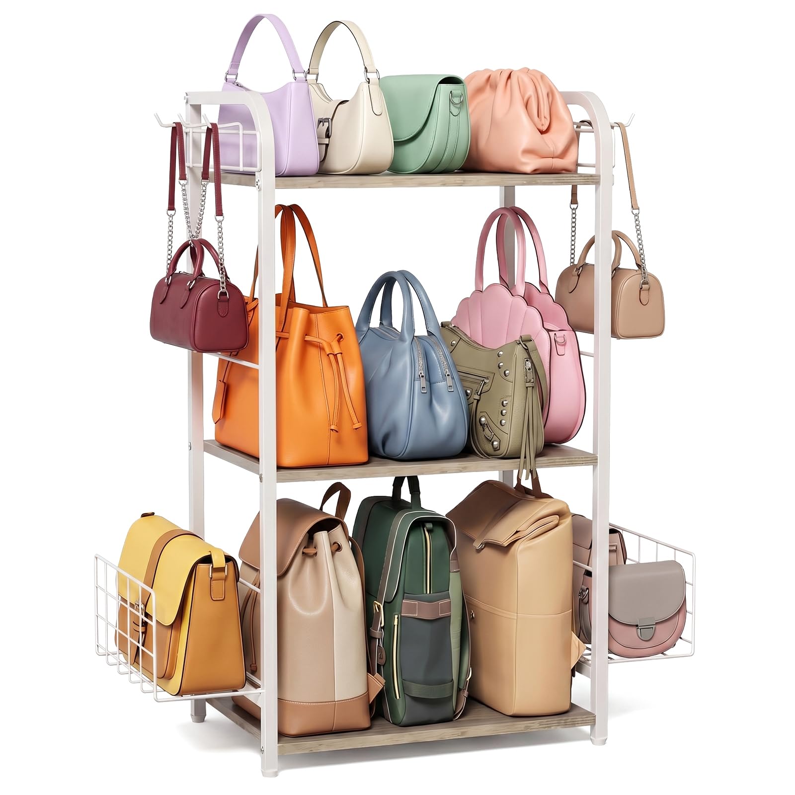 Organizzatore Borse a 3 Ripiani, Organizer per Armadio per Borse Firmate e Pochette con Paratie Laterali e Ganci, Organizzatore Multifunzionale per Armadio e Camera da Letto (Bianco)