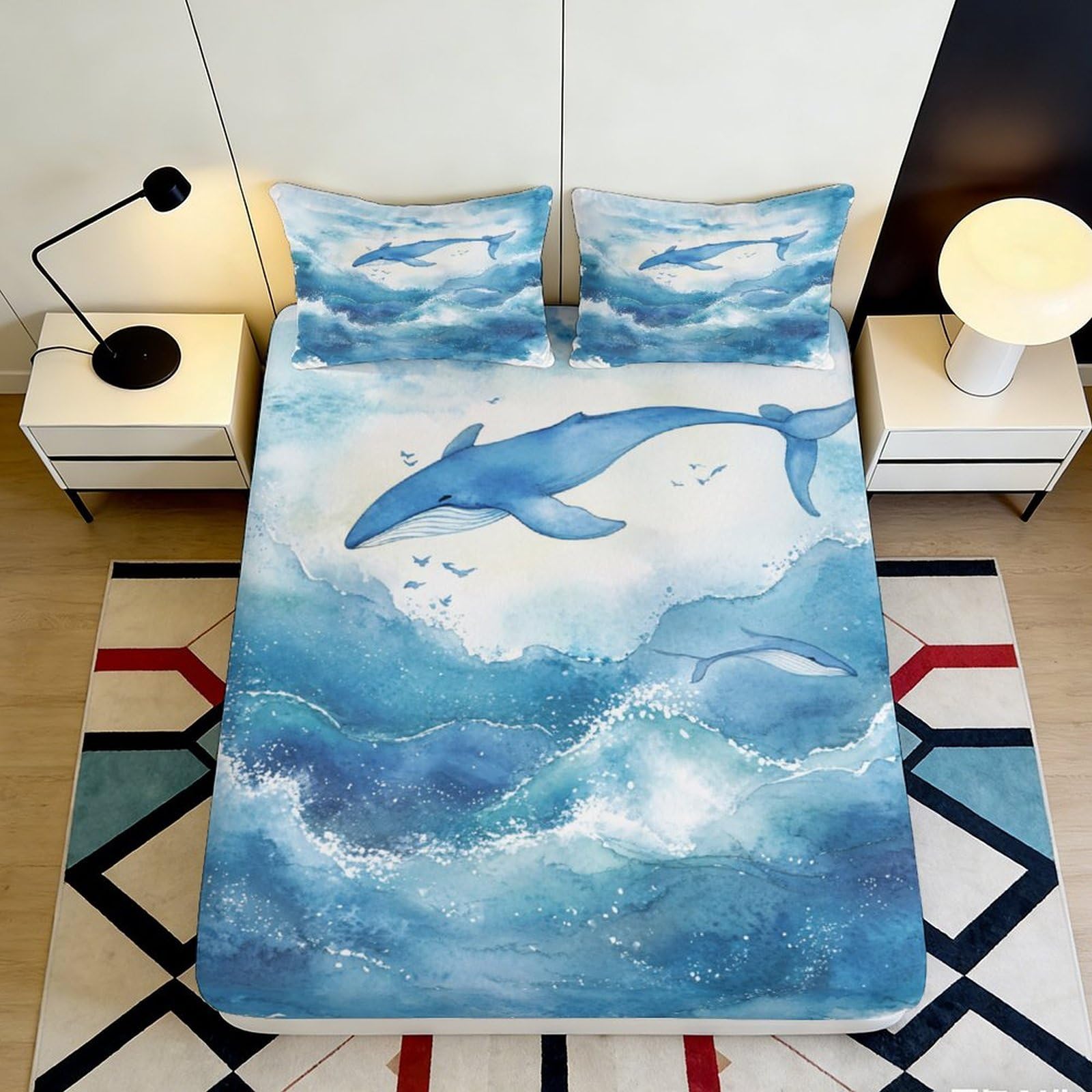 3D Printed Whale Pattern Fitted Sheet Microfiber Deep Pocket Non-Slip Bedding Ocean Mattress Fitted Cover for Adults 200x200x25cm 90x200x25cm
