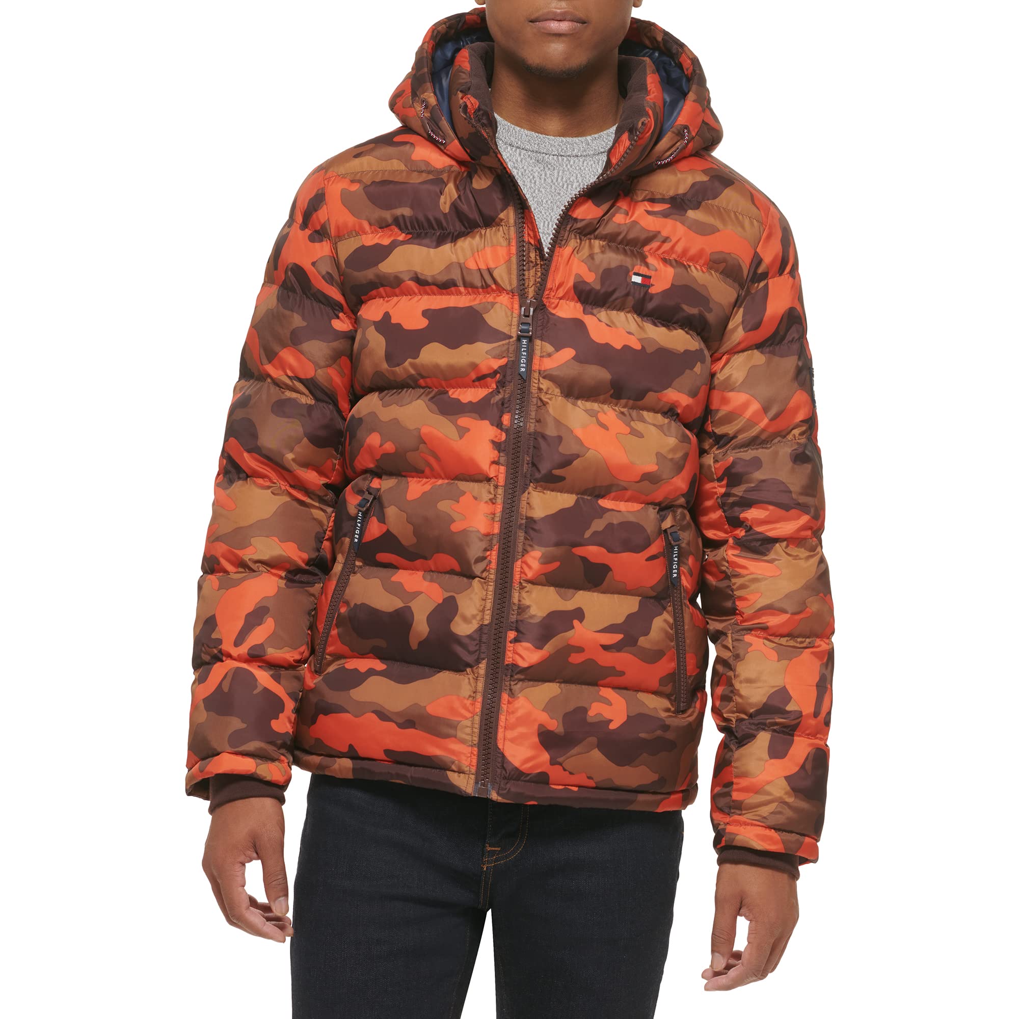 Tommy Hilfiger Men's Orange Camo Hooded Puffer Jacket, S