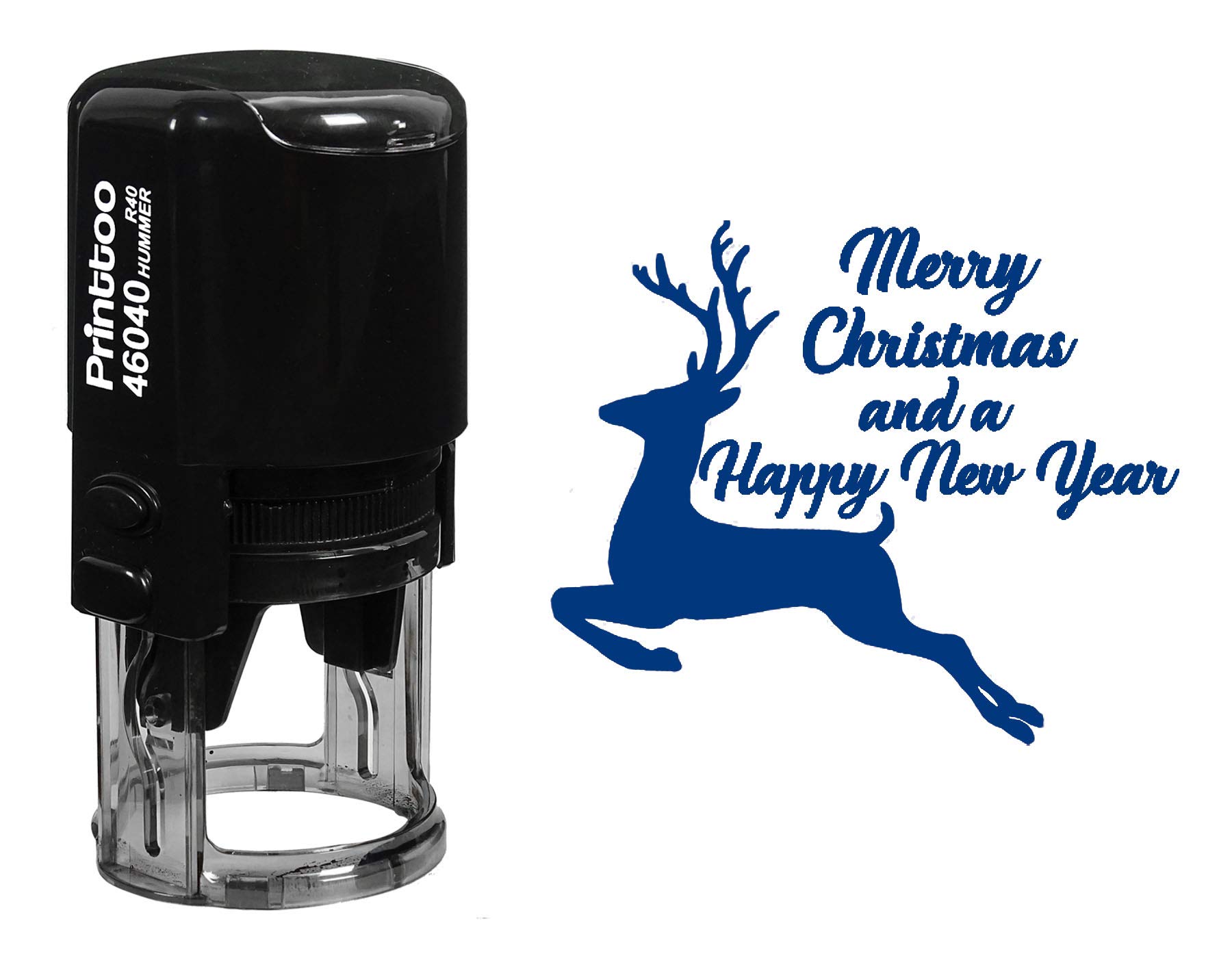Printtoo Round Self Inking Merry Christmas and Happy New Year Rubber Stamp Reindeer Holiday Stamper-Blue