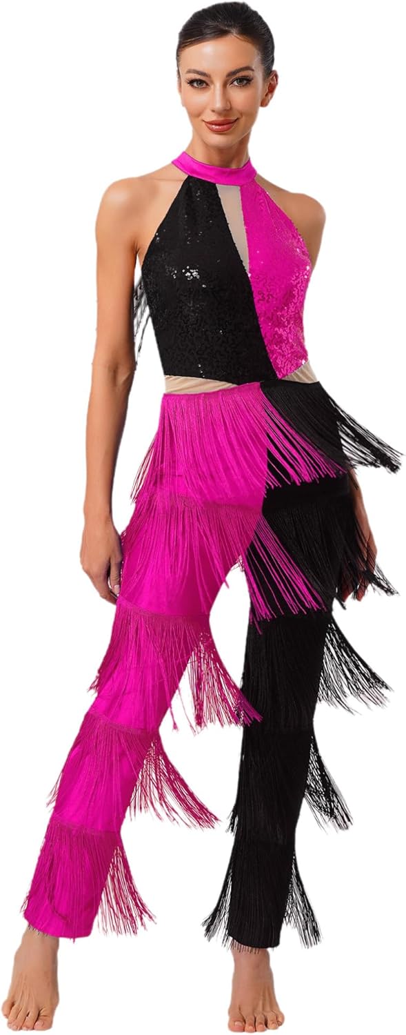 JEATHA Women's Latin Tassel Dance Jumpsuit Fringe Long Pants Ballroom Dance Costume Rumba Tango Salsa Dress