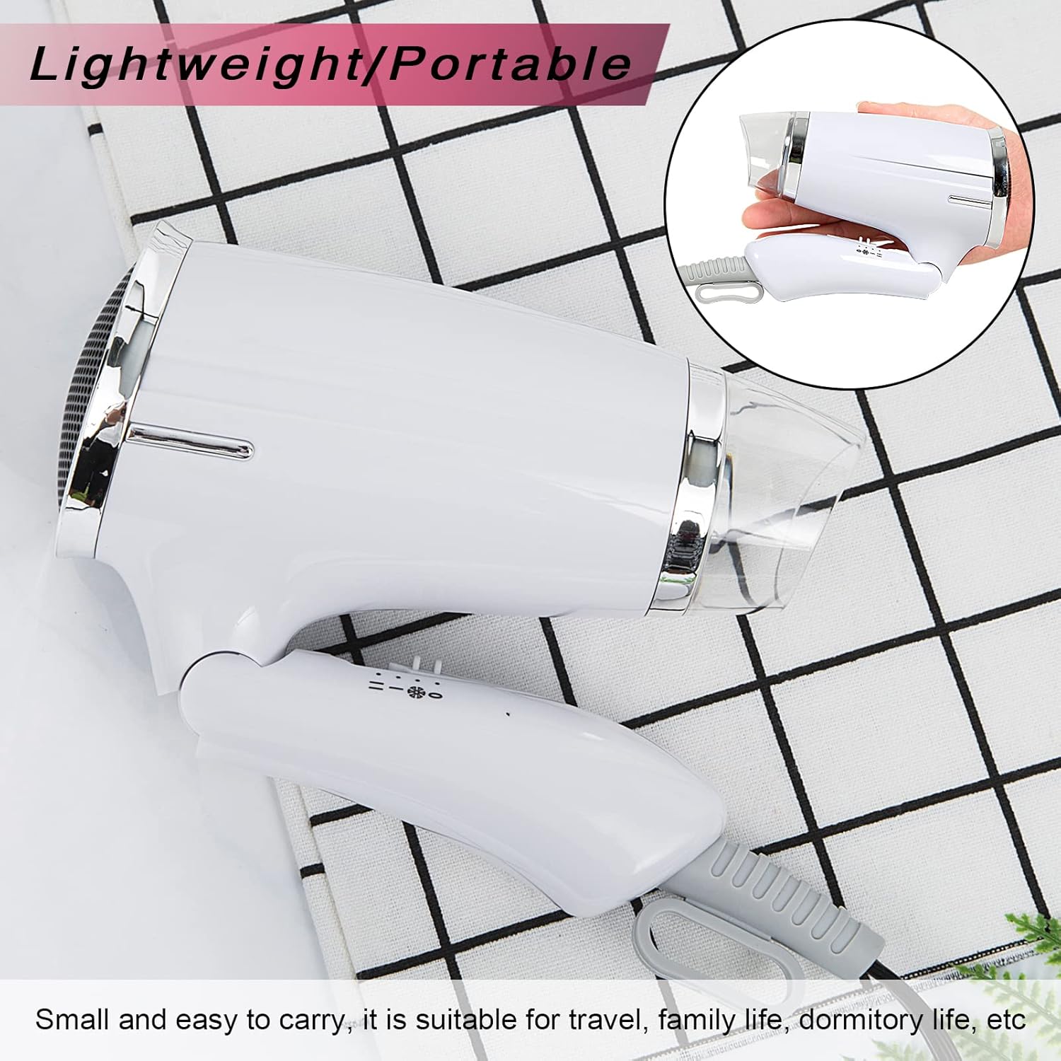 Travel Hair Dryer Folding Hair Blow Dryer Compact Travel Blow Dryer Portabel Small Hair Dryer Heat Settings Lightweight Mini 8x7inch Low Noise (White) - Image 6