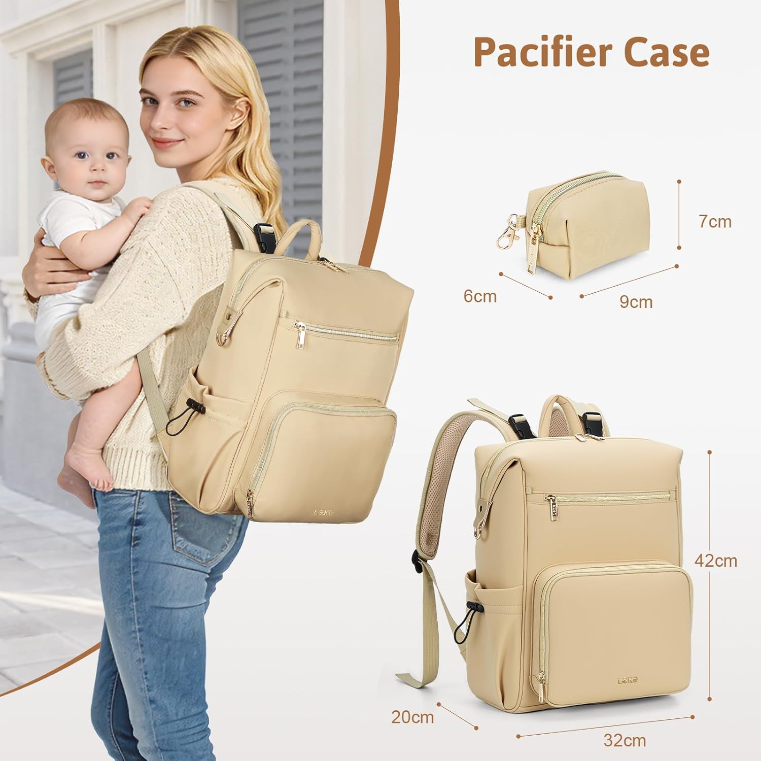 Lekesky Diaper Bag Backpack | Pañaleras Para Bebe, 27L Large Capacity with Changing Pad and Pacifier Case, 3 Insulated Bottle Pockets, Multi-Function Waterproof Diaper Bag, Ultralight Bag, Khaki