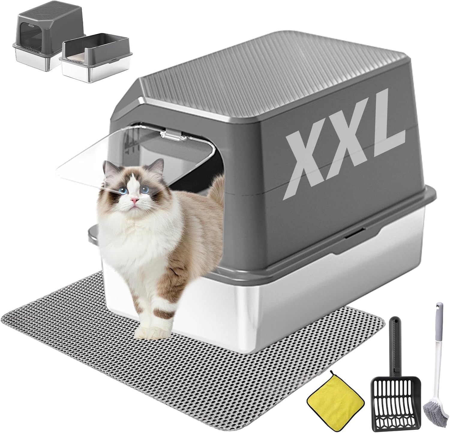 Extra Large Stainless Steel Cat Litter Box with Lid - Enclosed Metal Litter Box XXL for Cats, Front Entry High Side Kitty Litterbox with Scoop & Mat,Anti Leakage, No Sticky, 24" x 16" x 17"