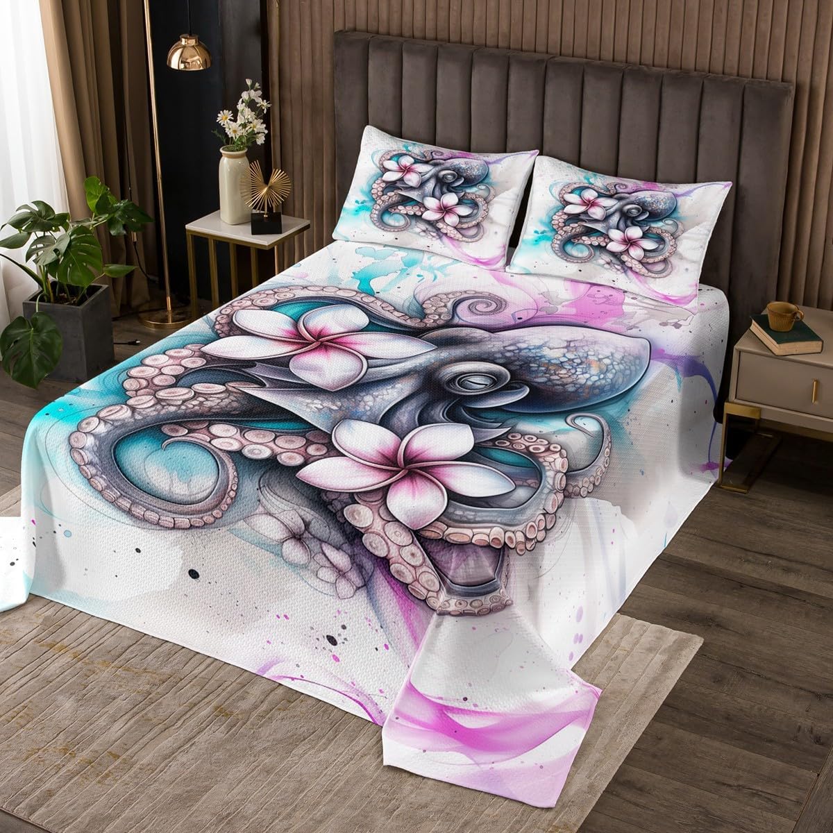 Homewish Trippy Octopus Bedspread King Size,Tropical Floral Bedding Set 3Pcs for Kids Girls Boys Teens Room Decor,Abstract Blue Purple Marbling Comforter Set Sealife Coverlet Quilt,2 Pillowcases