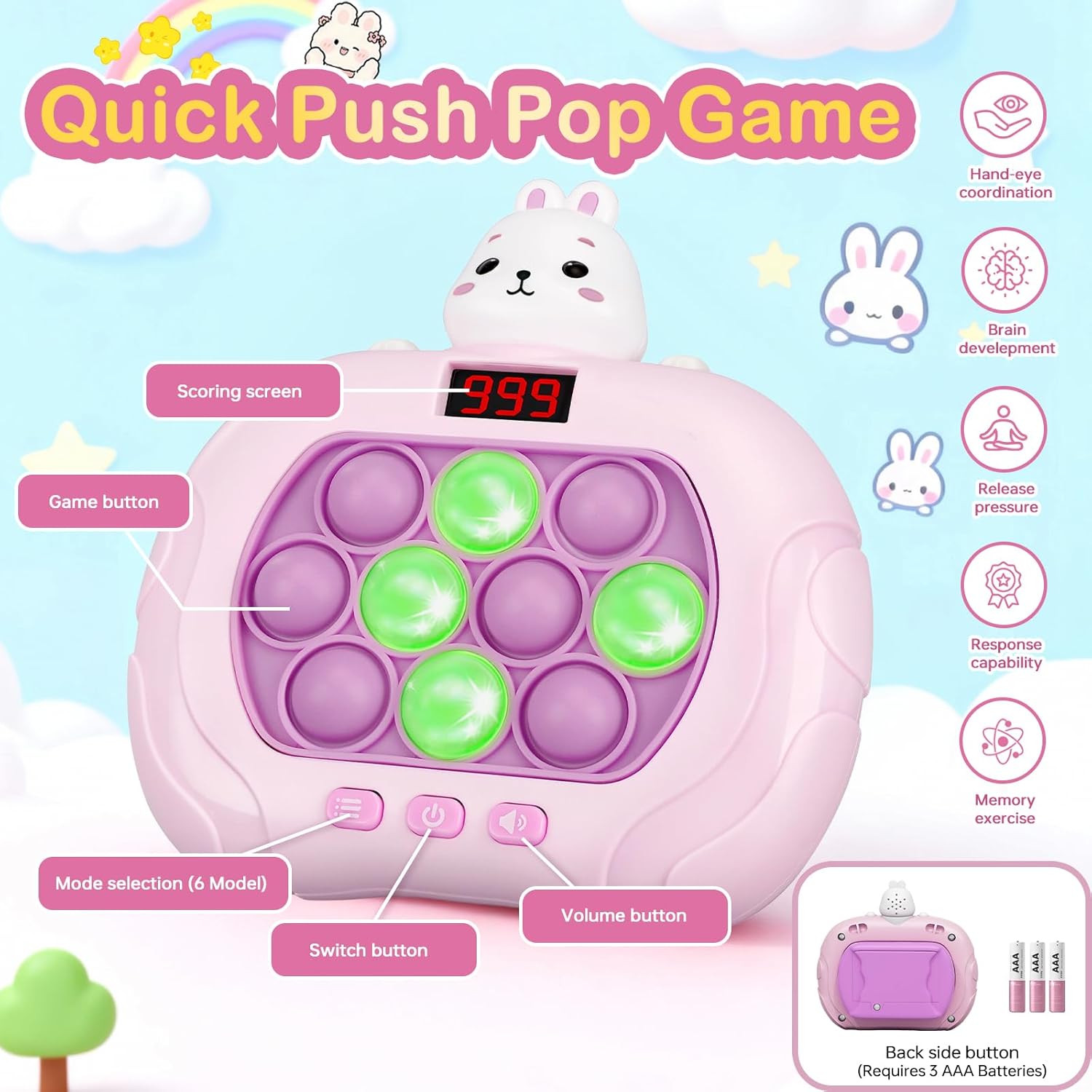 Narotood Quick Push Pop Game - Light Up Bubble Fidget Toy for Kids & Adults, Handheld Puzzle Game Sensory Toys, Great Gift for Christmas, Easter & Birthdays for Boys and Girls Ages 3-12 (Rabbit)