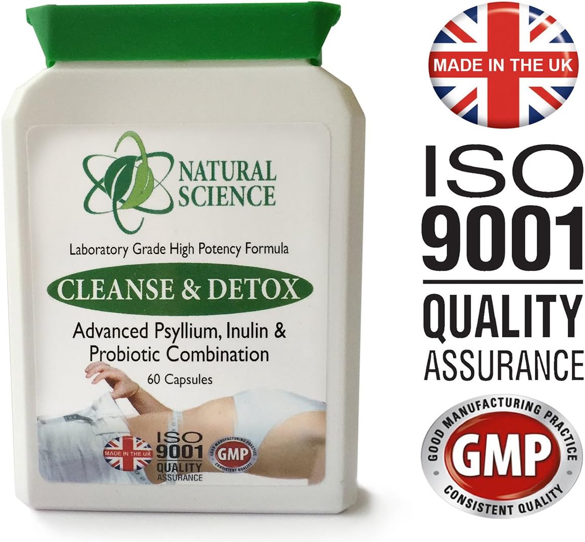 Powerful & Gentle Colon & Bowel Cleanse + Probiotic Support – Psyllium, Inulin, Probiotics – 3 Billion Friendly Bacteria – 60 Vegan Capsules Made in UK