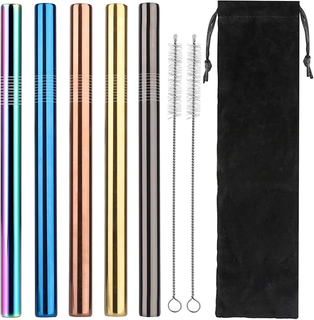 Stainless Steel Boba Straws 5 Pcs, [Extra Wide ] Reusable Smoothie Straws (12MM) - Great for Bubble & Boba Tea, Milkshakes, Multi-Colored Metal Drinking Straws by YANGTE