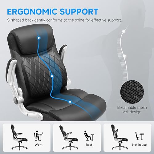 Vista 5 de COMHOMA Big and Tall Office Chair, High Back Leather Executive Chair with Pocket Spring Lumbar Support and Flip-up Armrests, Swivel Managerial