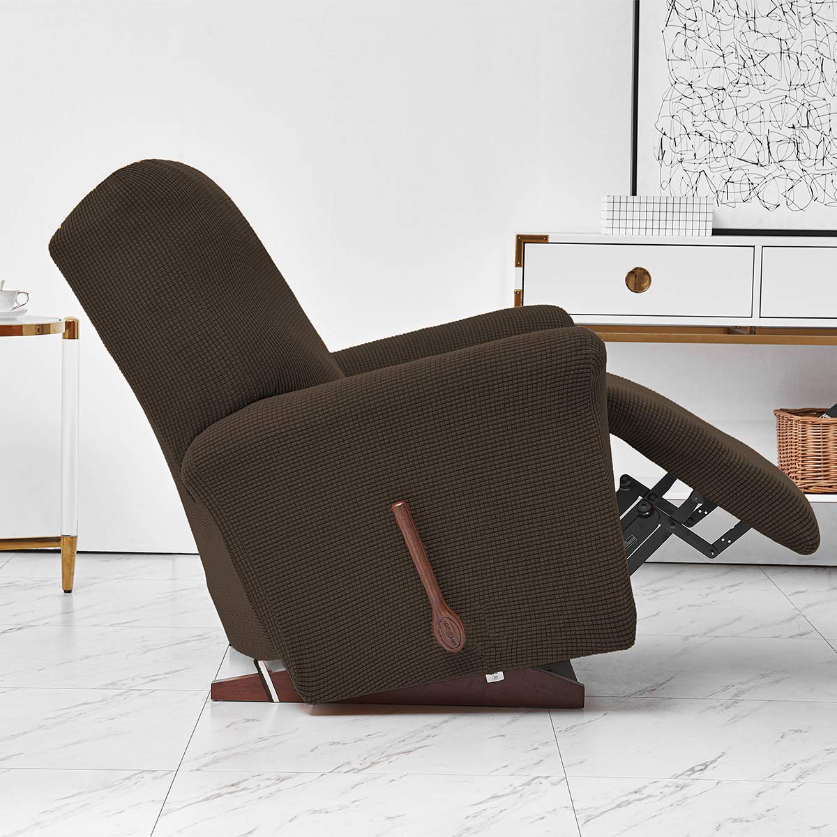 TOPCHANCES Sessel überzug Stretch,Sesselschoner mit Taschen Wohnzimmer,Einfarbig Samt Elastisch Sesselbezug Komplett Sesselbezug,Angepasster für Fernsehsessel Bezug(Braun)