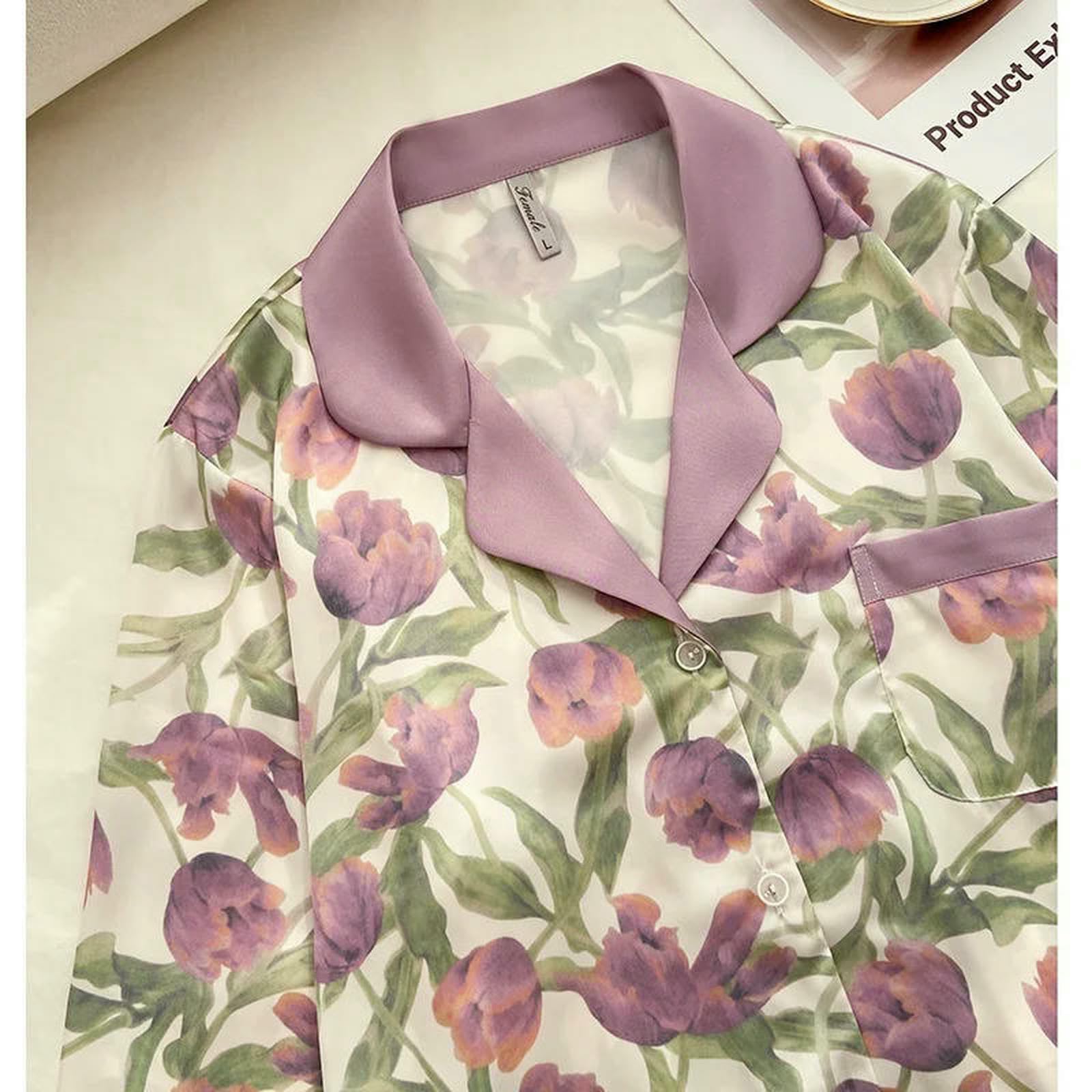 Pigiama con Stampa Tulipano Casual Dolce da Donna Set Abiti A Maniche Lunghe Primaverili E Autunnali Che Possono Essere Indossati Indumenti Notte-Manica Corta-m