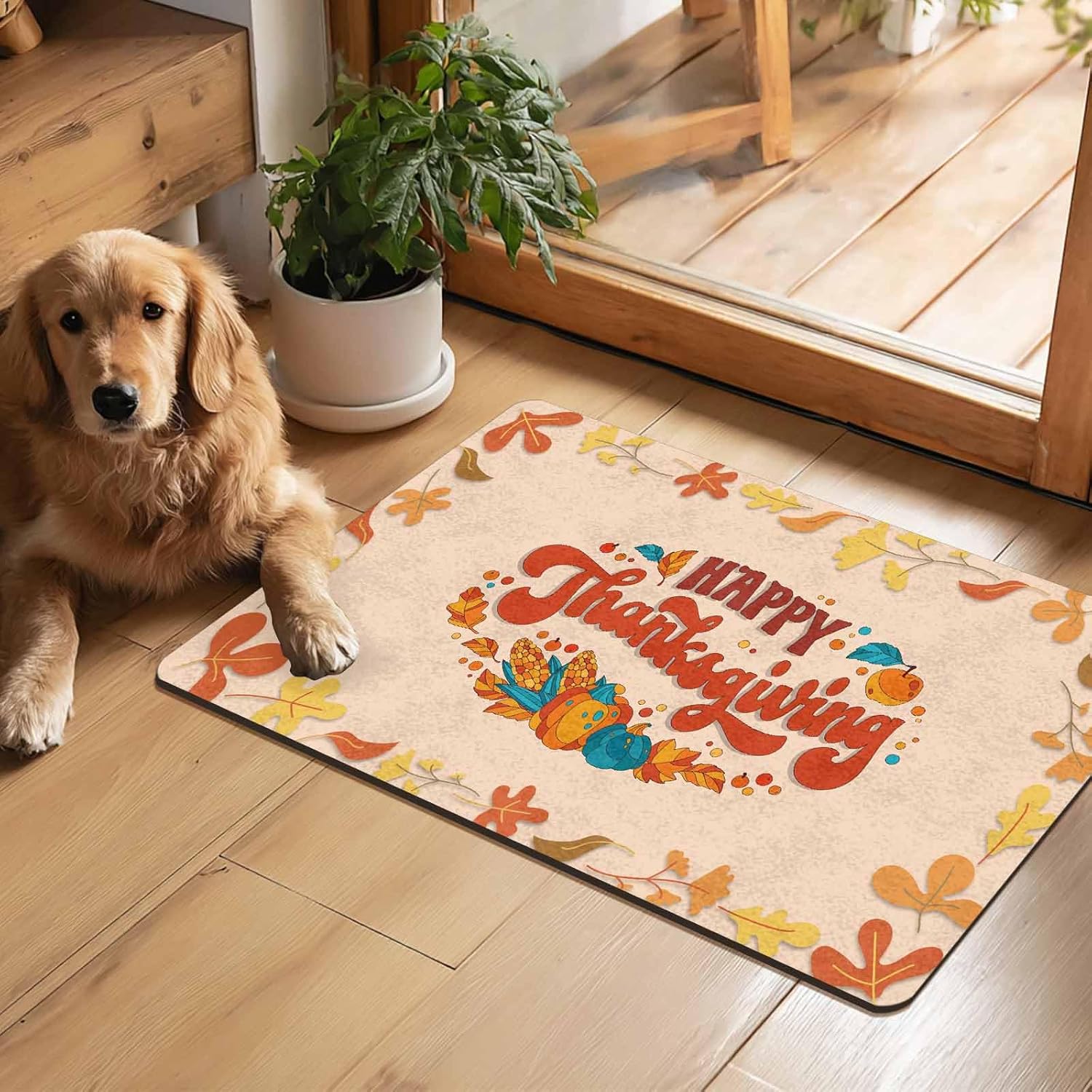 Cartoon Happy Thanksgiving Door Mat for Front Door with Non-Slip Rubber Backing, Indoor/Outdoor, Fall Décor, Home Decor, Entryway Doormat with Autumn Leaves & Pumpkins, 30×18"