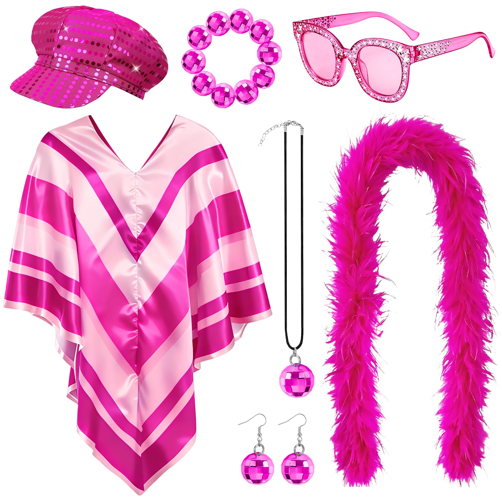 Vervora 7 Pcs 70s Disco Fancy Dress Costume with Poncho Sequin Hat for Party Carnival (Rose Red)