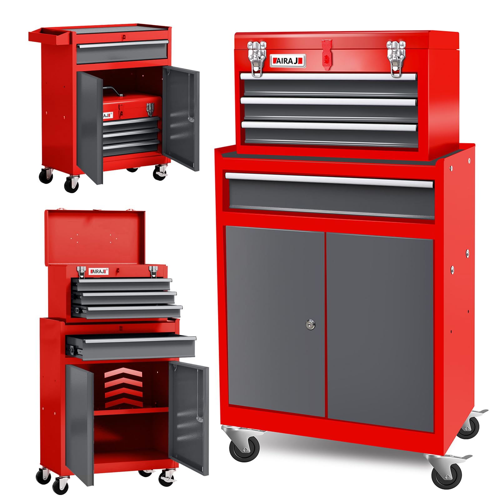 AIRAJ Tool Chest 4-Drawer | 40'' H Rolling Tool Chest with Wheels | Detachable Top Metal Tool Box | Garage Storage Cabinet for Repair Room,Warehouse | Sturdy and Durable| Red