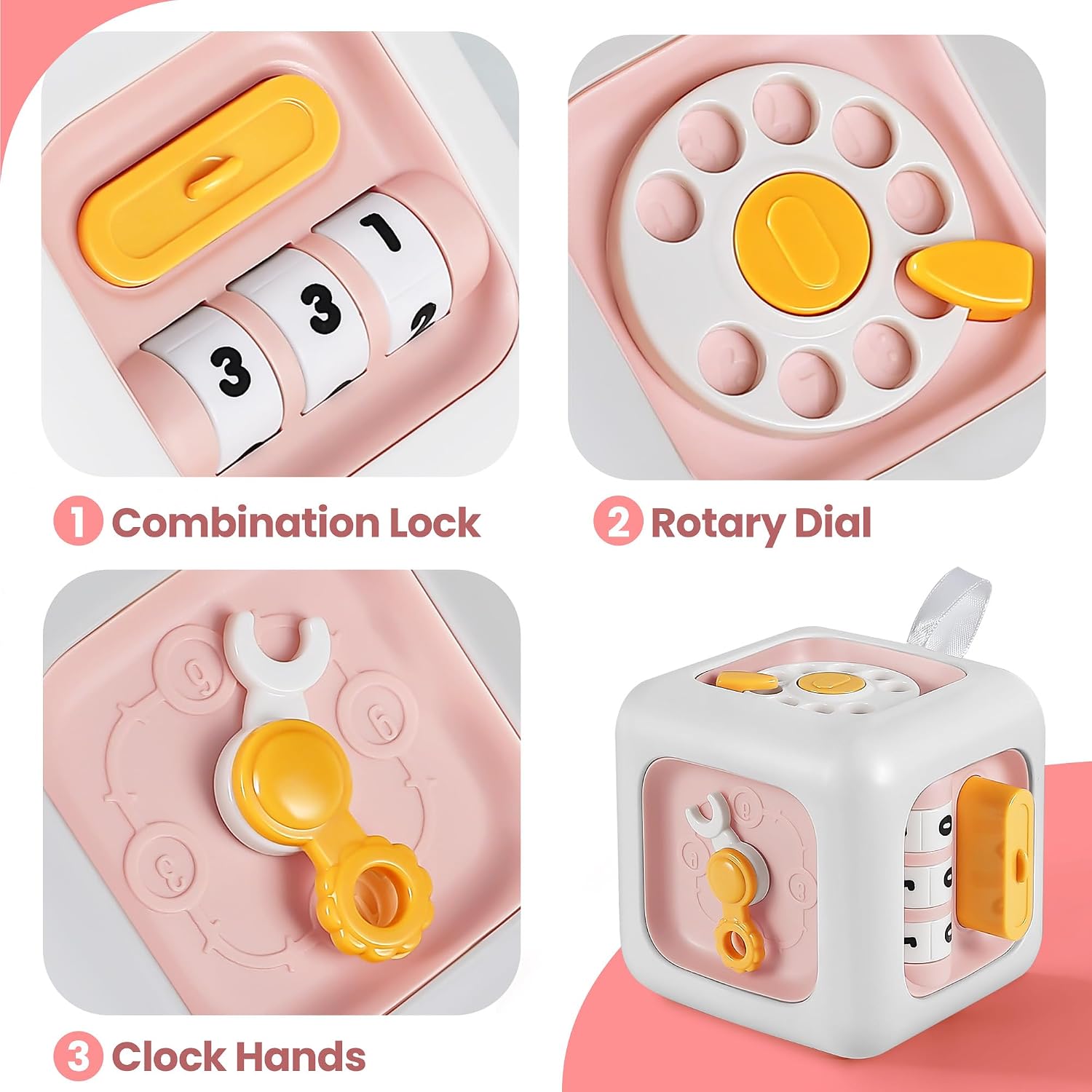 iPlay, iLearn Pink Baby Busy Cube Toy for 1 Year Old Girl, Montessori Sensory Toy Toddler 1-3, Infant Learning Motor Skill, Activity Carseat Plane Travel Toy Birthday Gift 9 12 18 Month 2 3 Yr Kid Boy
