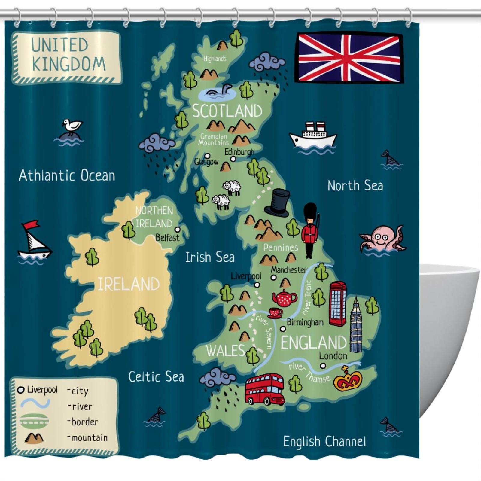England　map　study Shower Curtain, for Bathroom, 60"x72", 66"x72", 72"x72"