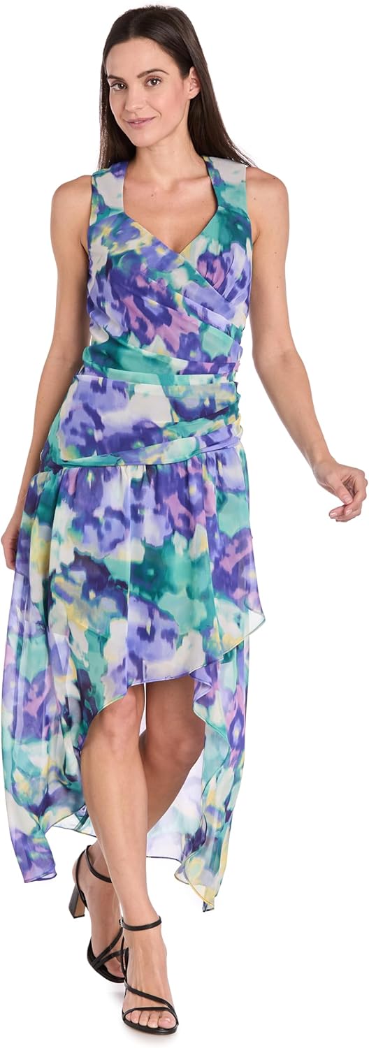R&M Richards Women's Floral Chiffon Hi-Low Faux Wrap Dress W/Ruffle Straps & Back Zipper