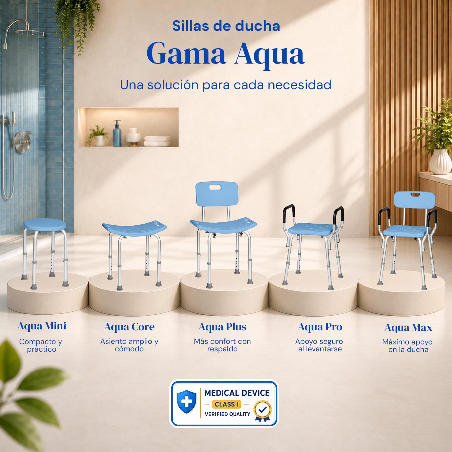 Geriafy Silla de Ducha para Mayores Regulable con Respaldo y Reposabrazos | Silla de ducha para ancianos con respado y reposabrazos Aqua Max
