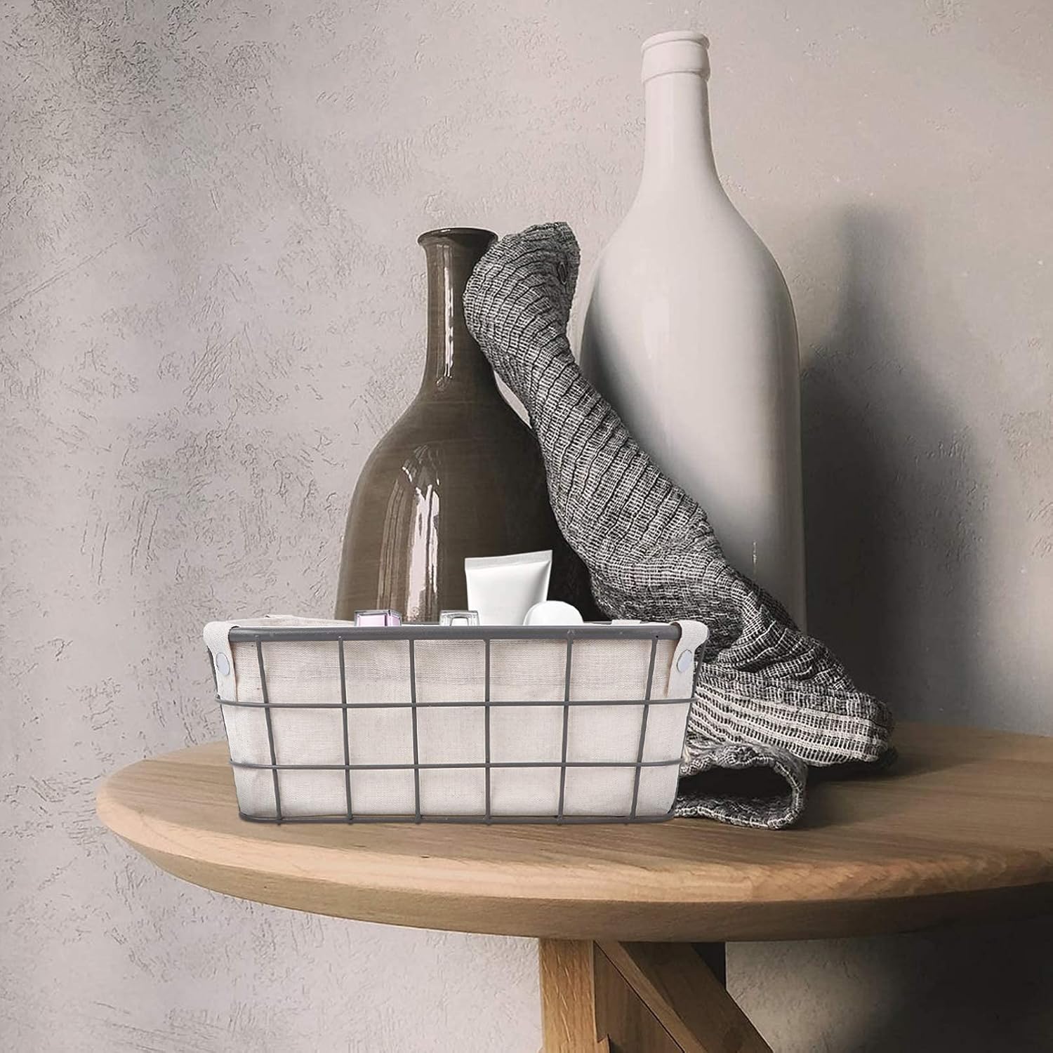 Iron Wire Storage Basket with Removable Fabric Liner Vintage Utility Storage Bin Kitchen Cabinet and Pantry Organizer Containers for Home Office Silver-29X19CM