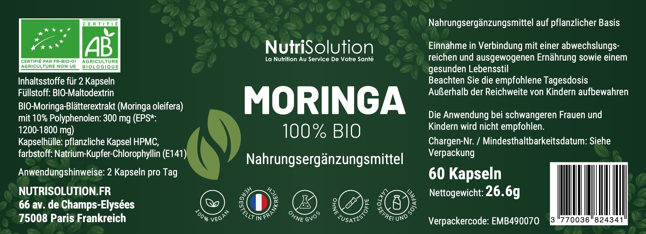 NutriSolution Moringa Kapseln 100% Bio - Superfood voller Multivitamine und Mineralien - Pulver aus Moringa Oleifera Blättern - 90 vegetarische Kapseln (1)