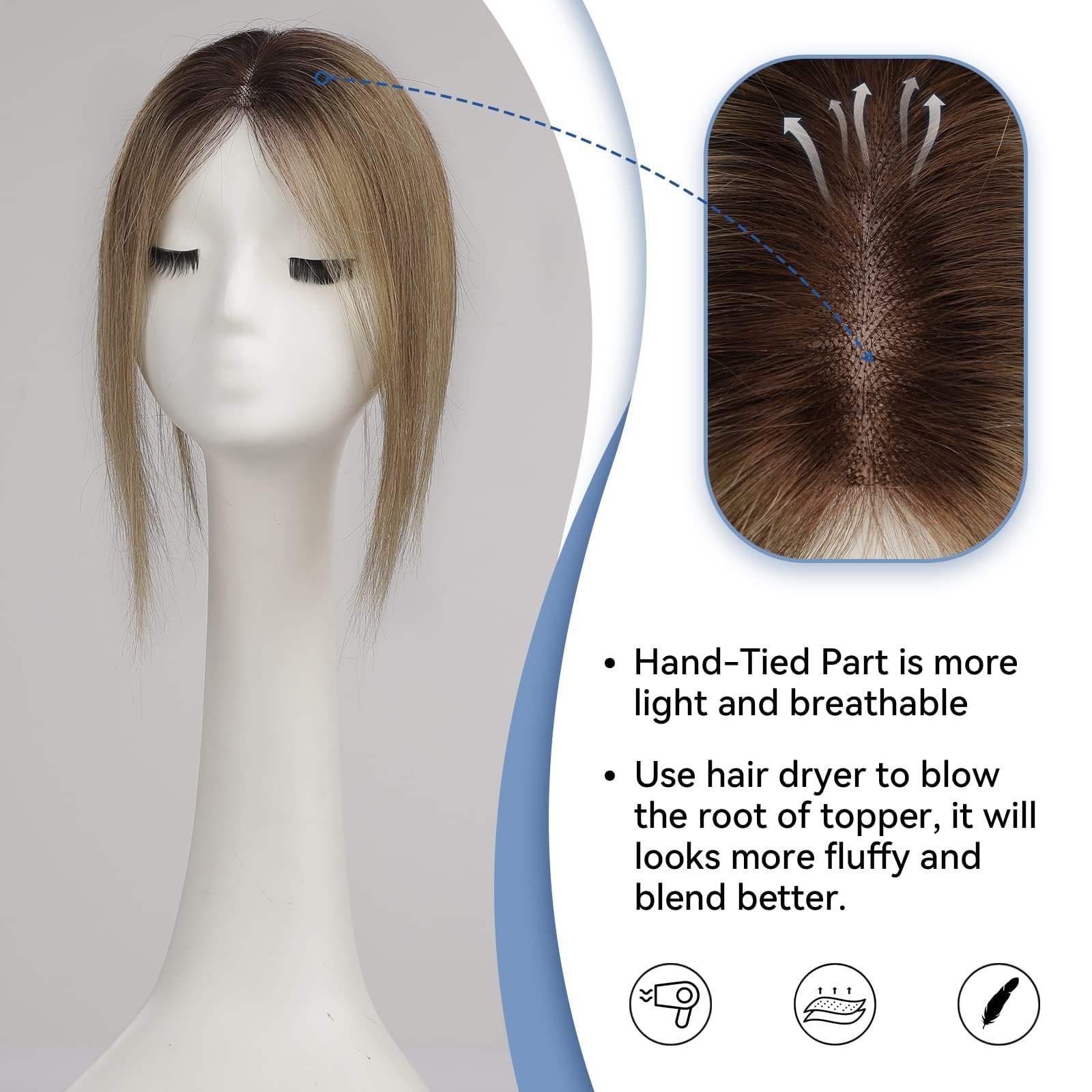 EMMOR Hair Topper for Women 100% Remy Human Hair for Women With Thinning Hair Loss Cover Gray Hair, Three Clips on Topper - Image 4