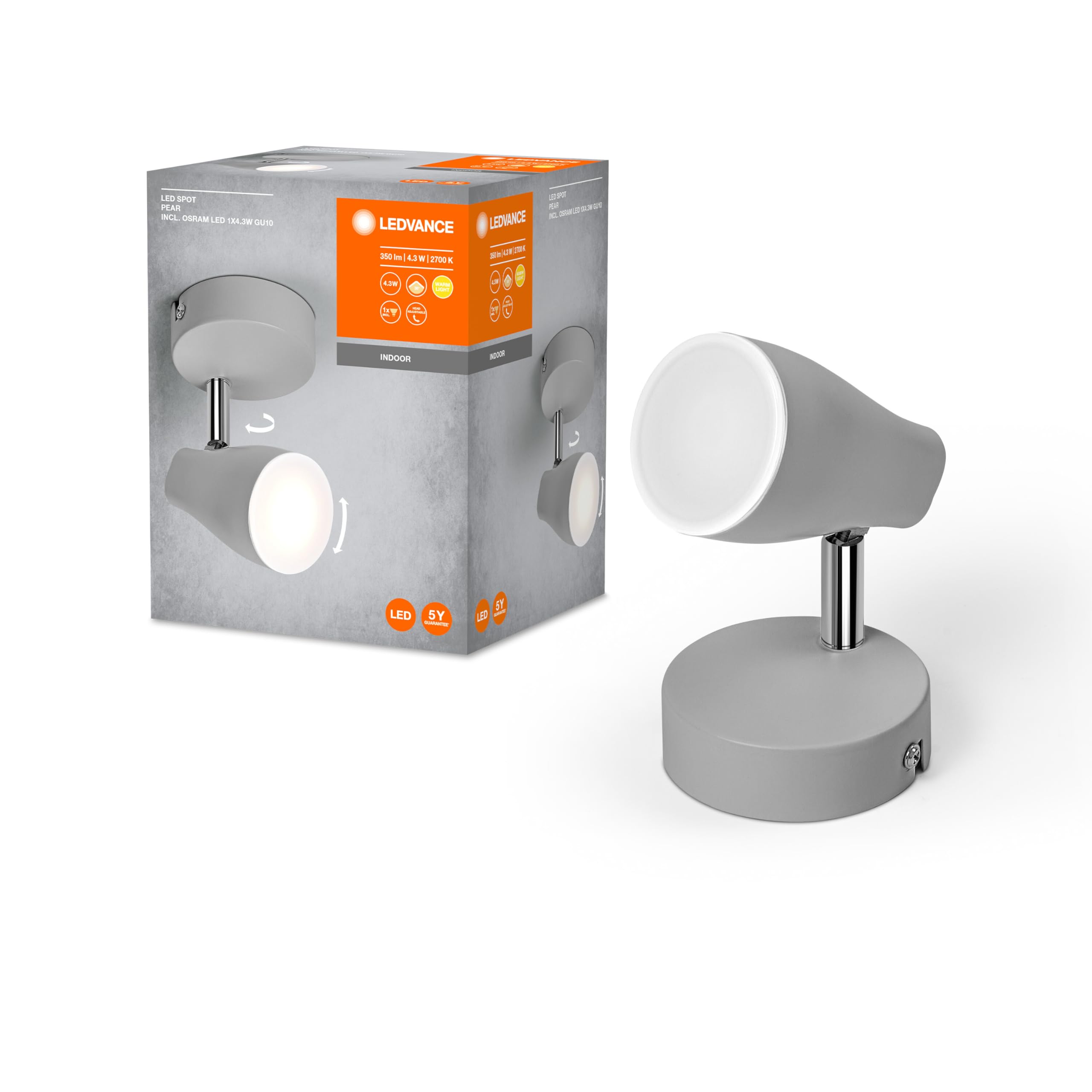 LEDVANCE LED SPOT PEAR Deckenanbau-Spot, grau, 4.3W, 210lm, bietet gerichtetes Licht mit warmweißer Lichtfarbe, mit flexiblem GU10-Strahler, GU10-Lampe enthalten, IP20 Schutzklasse, 2700K