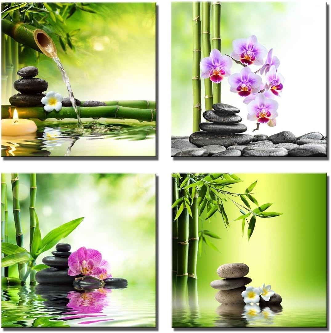 iPainting Vibrant Spa Themed Wall Art Green Bamboo Flowers Massage Stones Canvas Paintings Framed-4 Panel