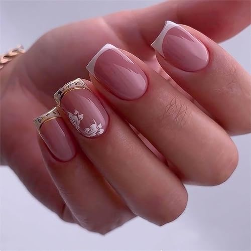 Miniatura 87 de 24 uñas postizas cuadradas medianas con punta francesa a presión, pegamento brillante en las uñas, uñas postizas de cobertura completa con diamantes