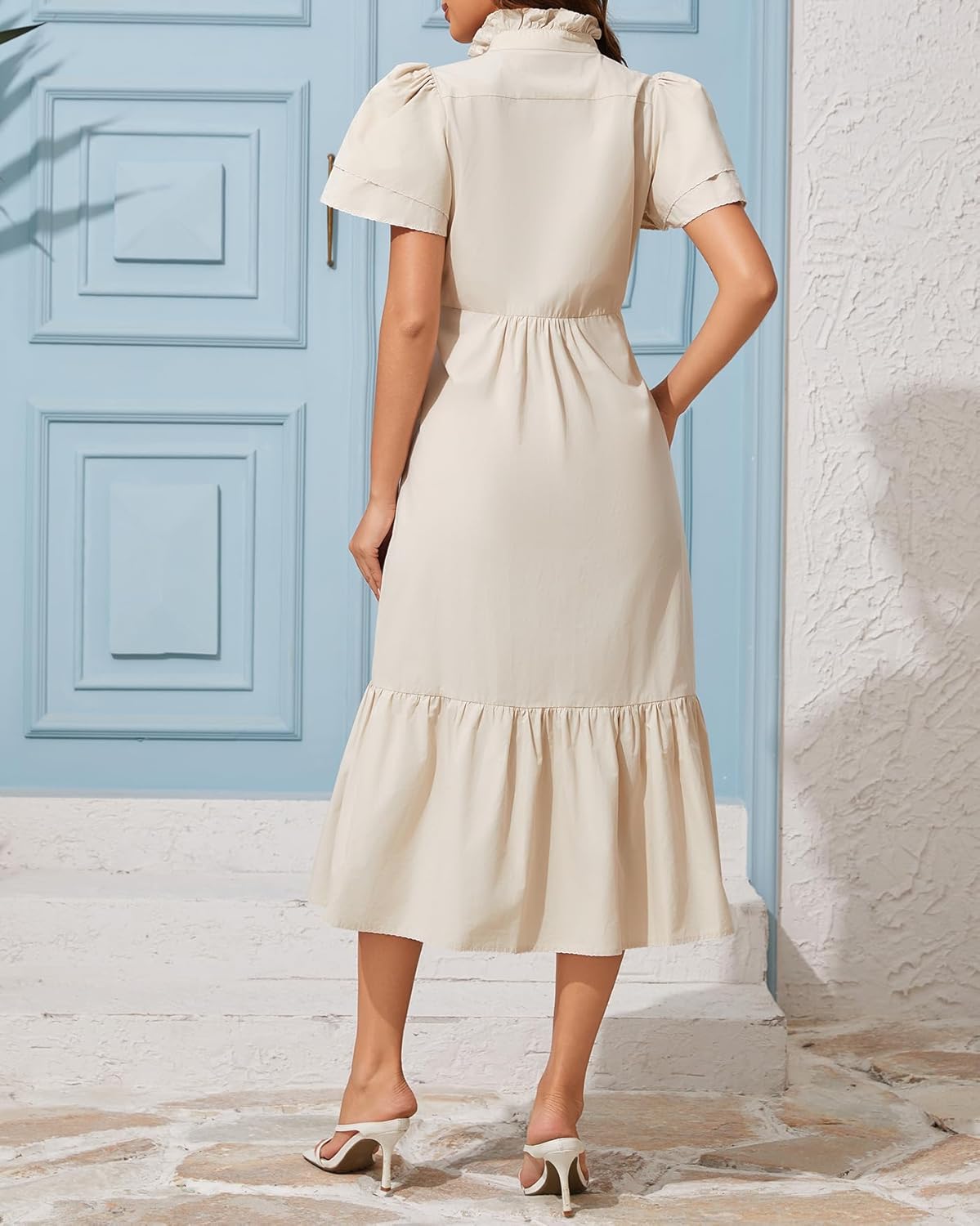 Kedera Women Maxi Petal Sleeve Button Down Dress Cover Ups Beach Dresses Ruffle Stand Collar Casual Dress - Image 6