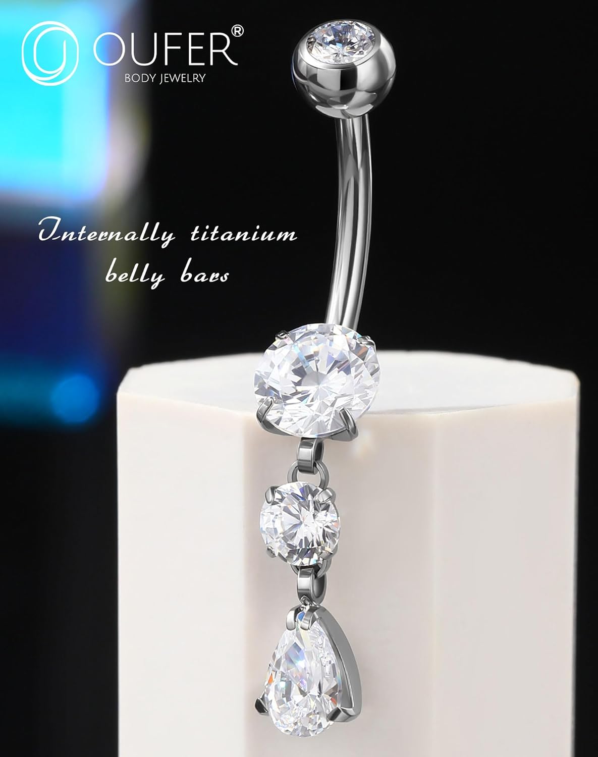 OUFER Dangle Belly Button Rings, Titanium Belly Rings, Clear CZ Dangle Belly Piercing Jewelry, Navel Piercing Jewelry, Internally Threaded Belly Rings For Women Men-10MM - Image 2