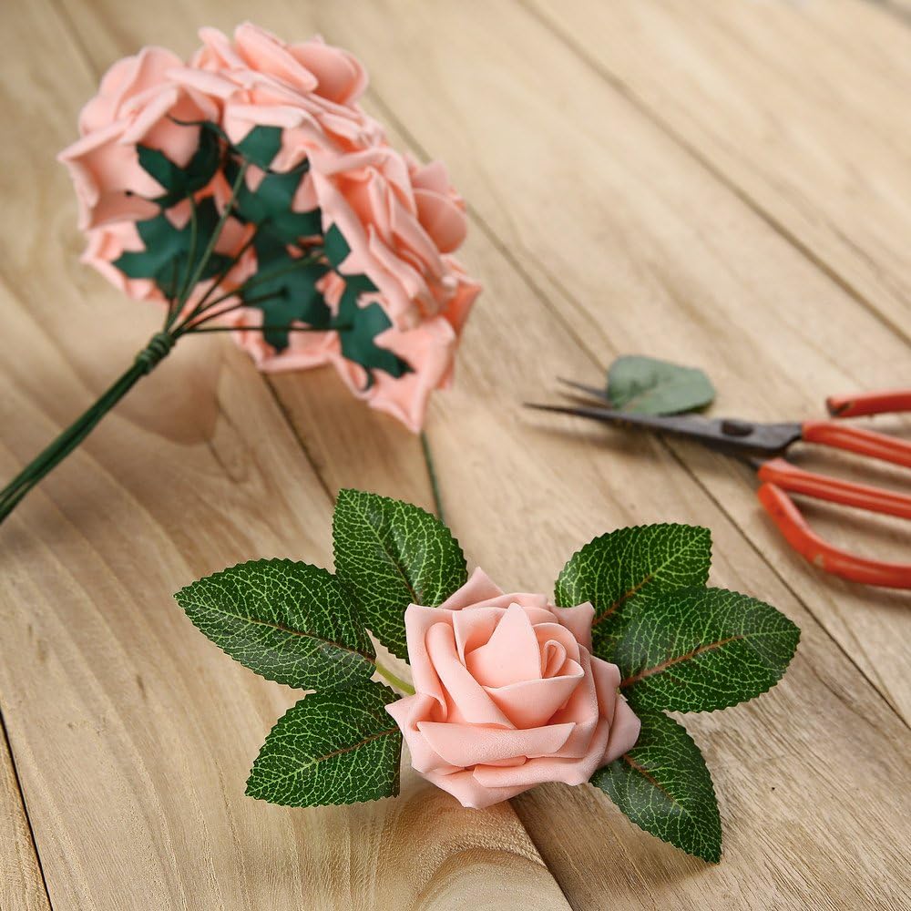 Febou Artificial Flowers, 50pcs Real Touch Artificial Foam Roses Decoration DIY for Wedding Bridesmaid Bridal Bouquets Centerpieces, Party Decoration, Home Display (Delicate Type, Pink)