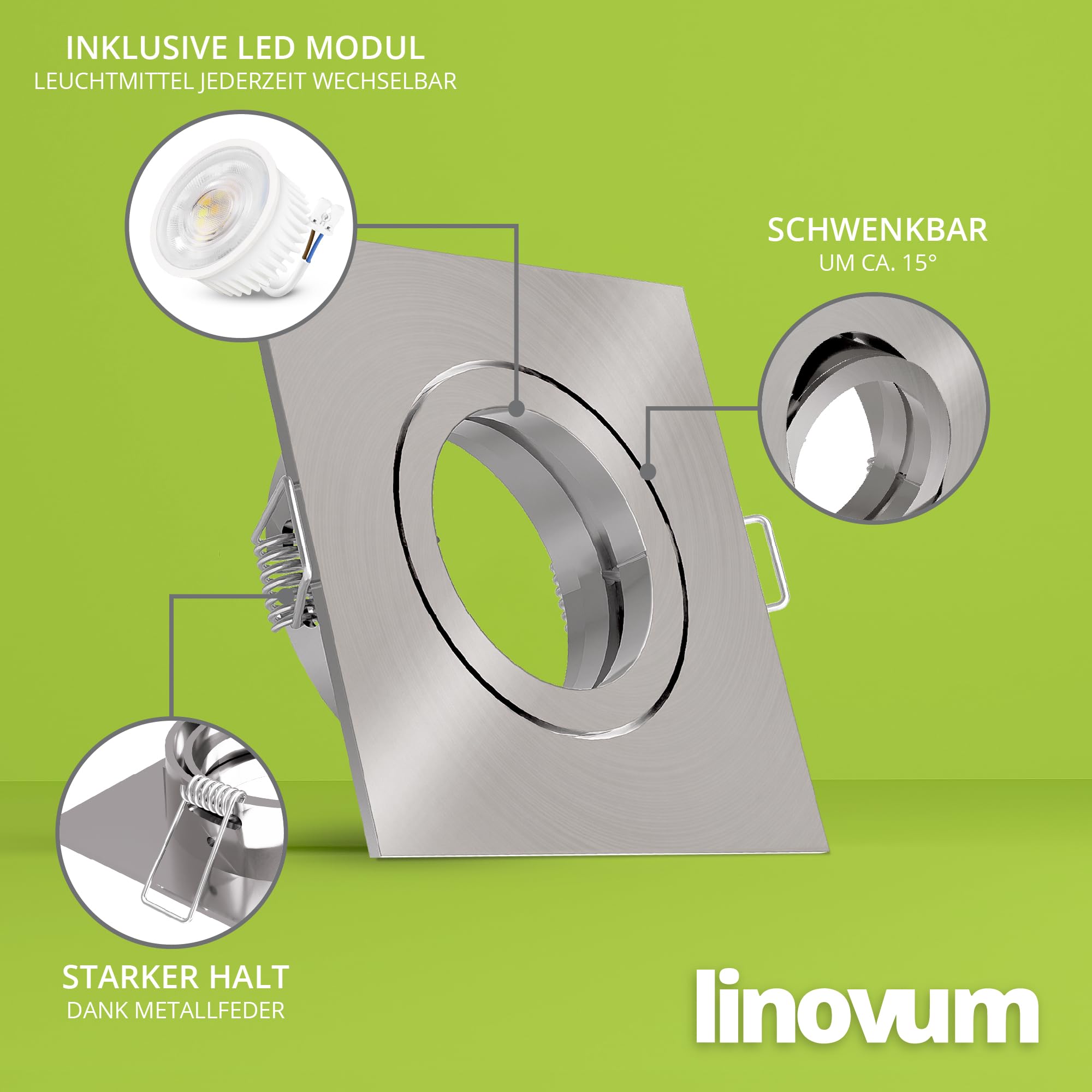 linovum Einbaustrahler LED flach eckig schwenkbar mit LED 4W 3CCT Lichtmodi warm, neutral, kalt Deckenspot mit Ø 68 mm quadratisch