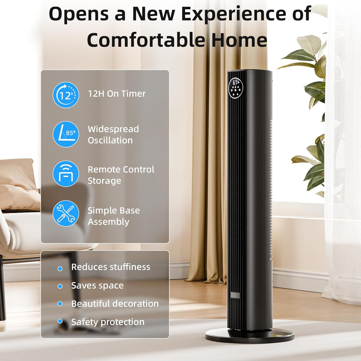 Antarctic Star 35-inch Tower Fan Portable Electric 85° Oscillating Fan Quiet Cooling Remote Control Standing Bladeless Floor Fans 3 Speeds Wind Modes 12h Timer Bedroom Office, Grey