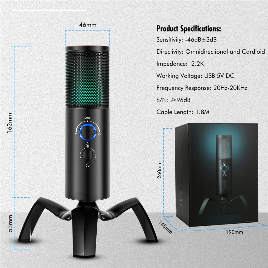 Micrófono de Condensador Profesional Juego Streaming Video Studio Micrófono USB Computadora Cinta de Audio Luz RGB