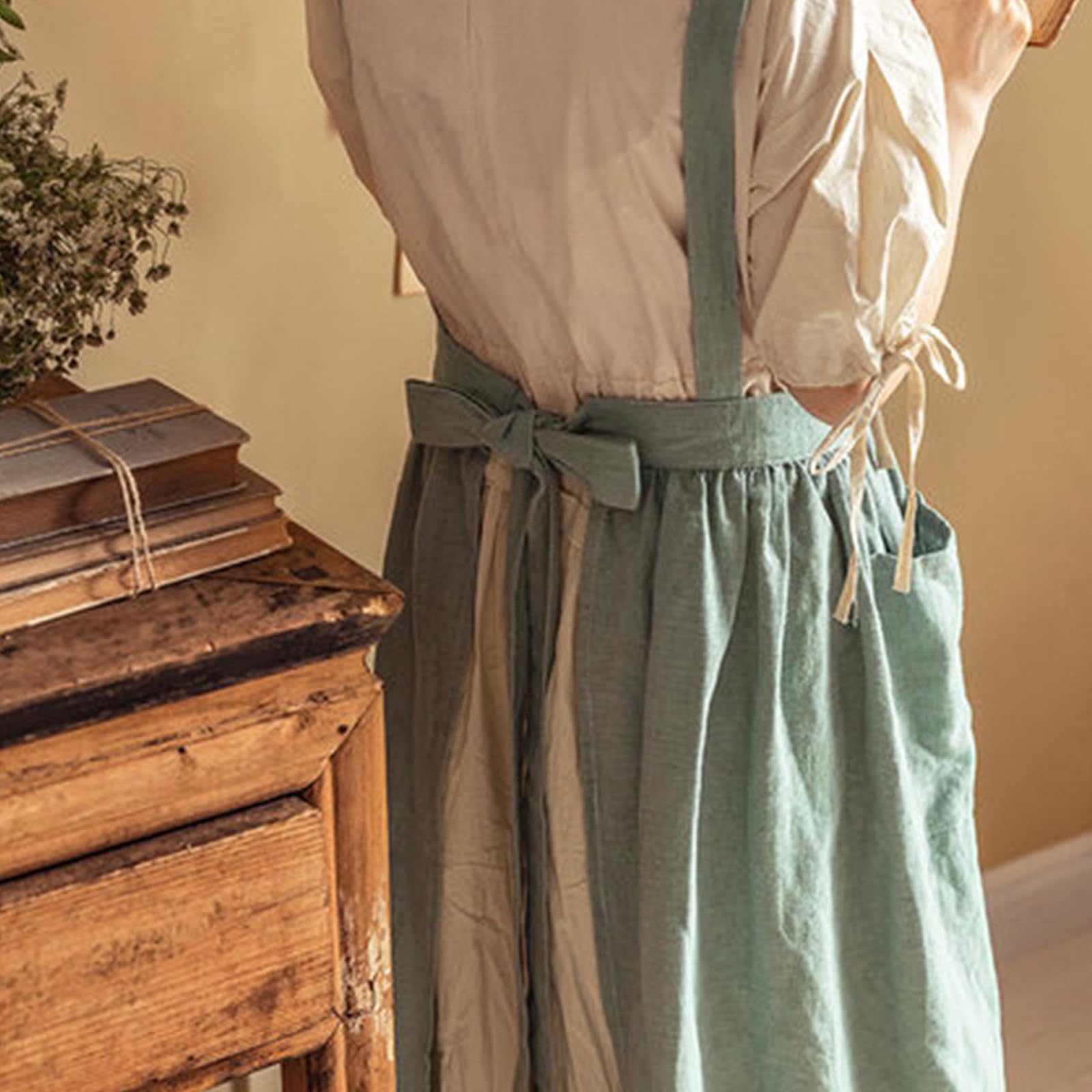 Grembiule in cotone e lino con volant per donne e ragazze, stile vintage, per cucinare, giardinaggio, lavoro, cameriera, grembiule con tasche