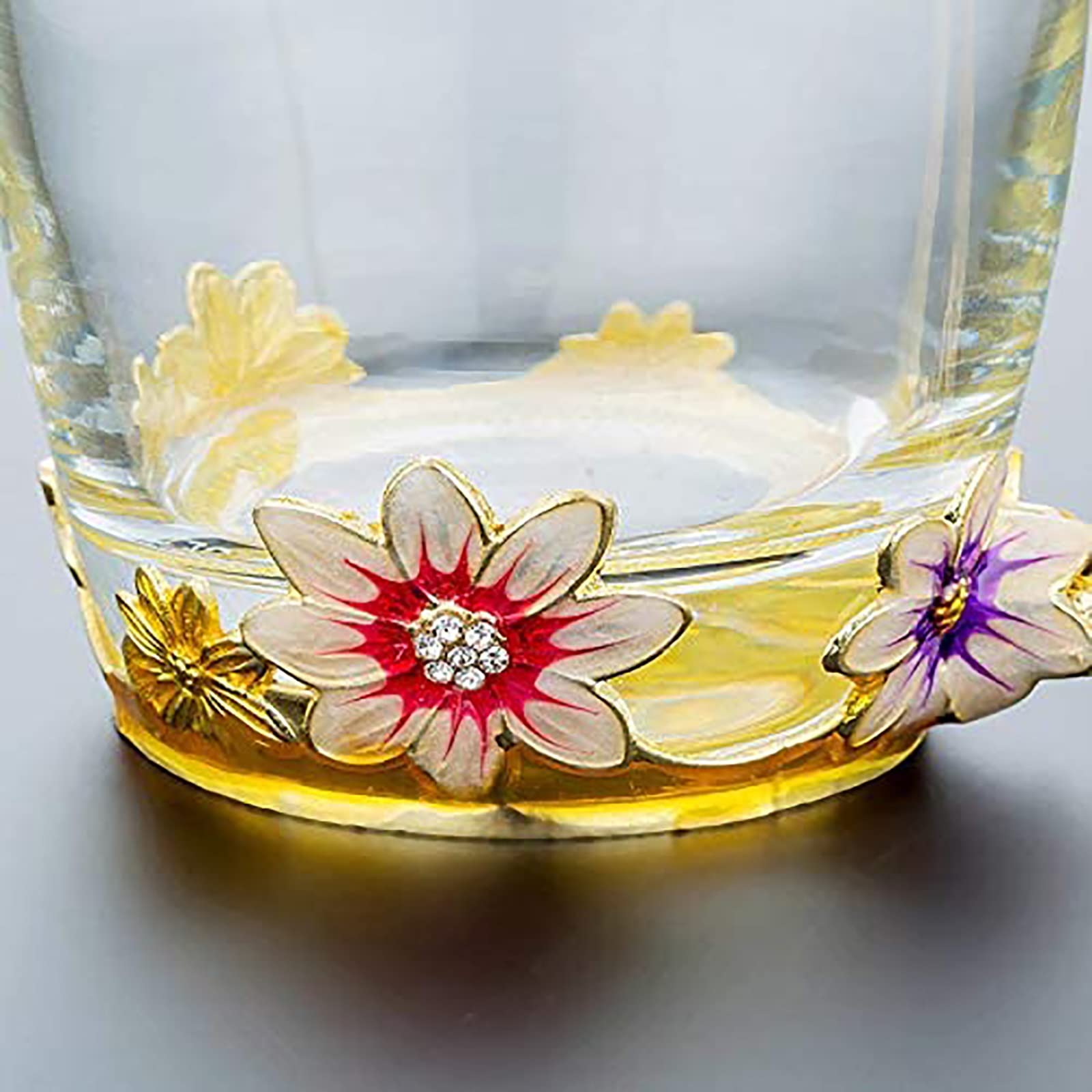 Emails Chrysantheme Glastasse, klare bleifreie Glas Kaffeebecher Teetasse mit Deckel Untersetzer und Stahl Löffel Set, für Weihnachten Geburtstag Emaille Blume Glasbecher(Green)