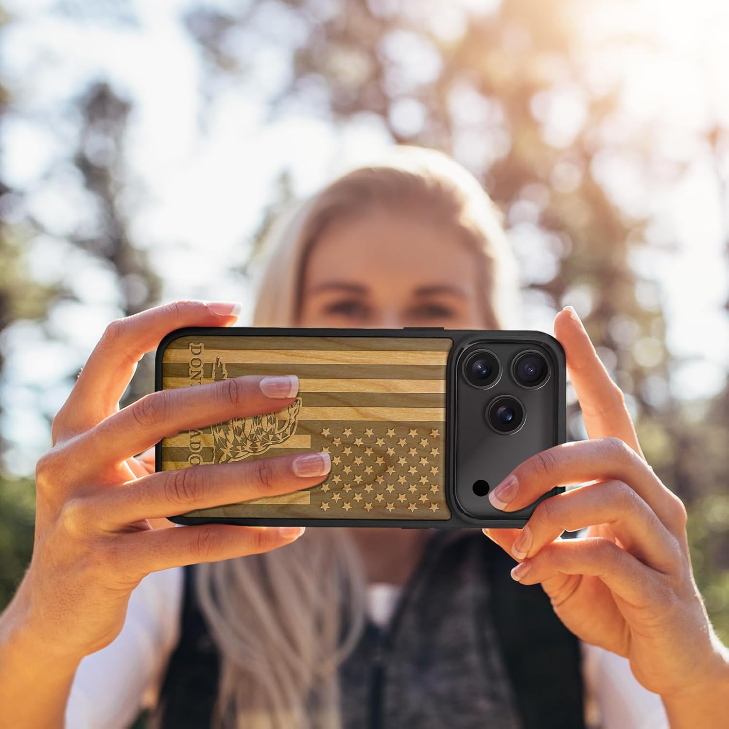 Carveit Magnetic Wooden Case for iPhone 17 Pro Max Case, Wood Artisan Engraved & Black Soft TPU Shockproof Cover, Compatible with MagSafe Wireless Chargers (Gadsden and The American Flag) Cherry - Image 6