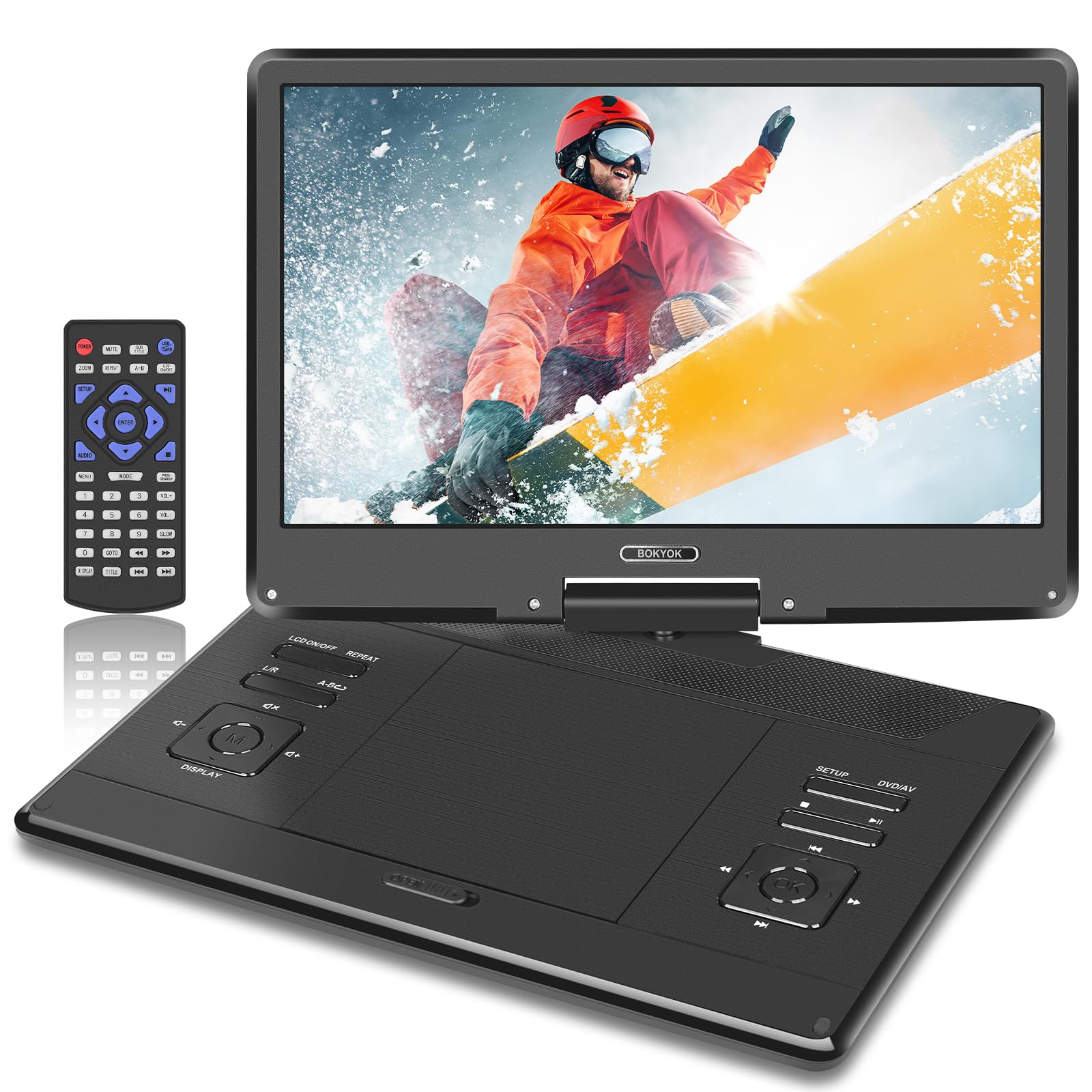 BOKYOK 16.9" Portable DVD Player with 14.1’’ HD Swivel Screen, 6Hrs Play, DVD Player Portable with Dual Speaker, Last Memory, Support SYNC TV/USB/SD