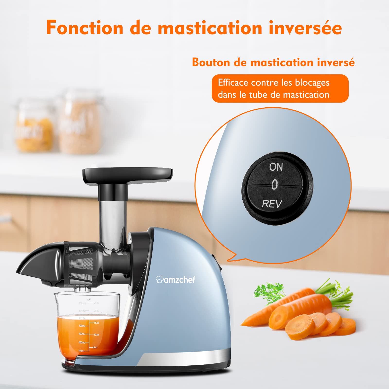 AMZCHEF Extracteur Jus Fruits Légumes Froid sans BPA 2 Tasses Brosse Fonction Mastication Inversée Bleu Doux