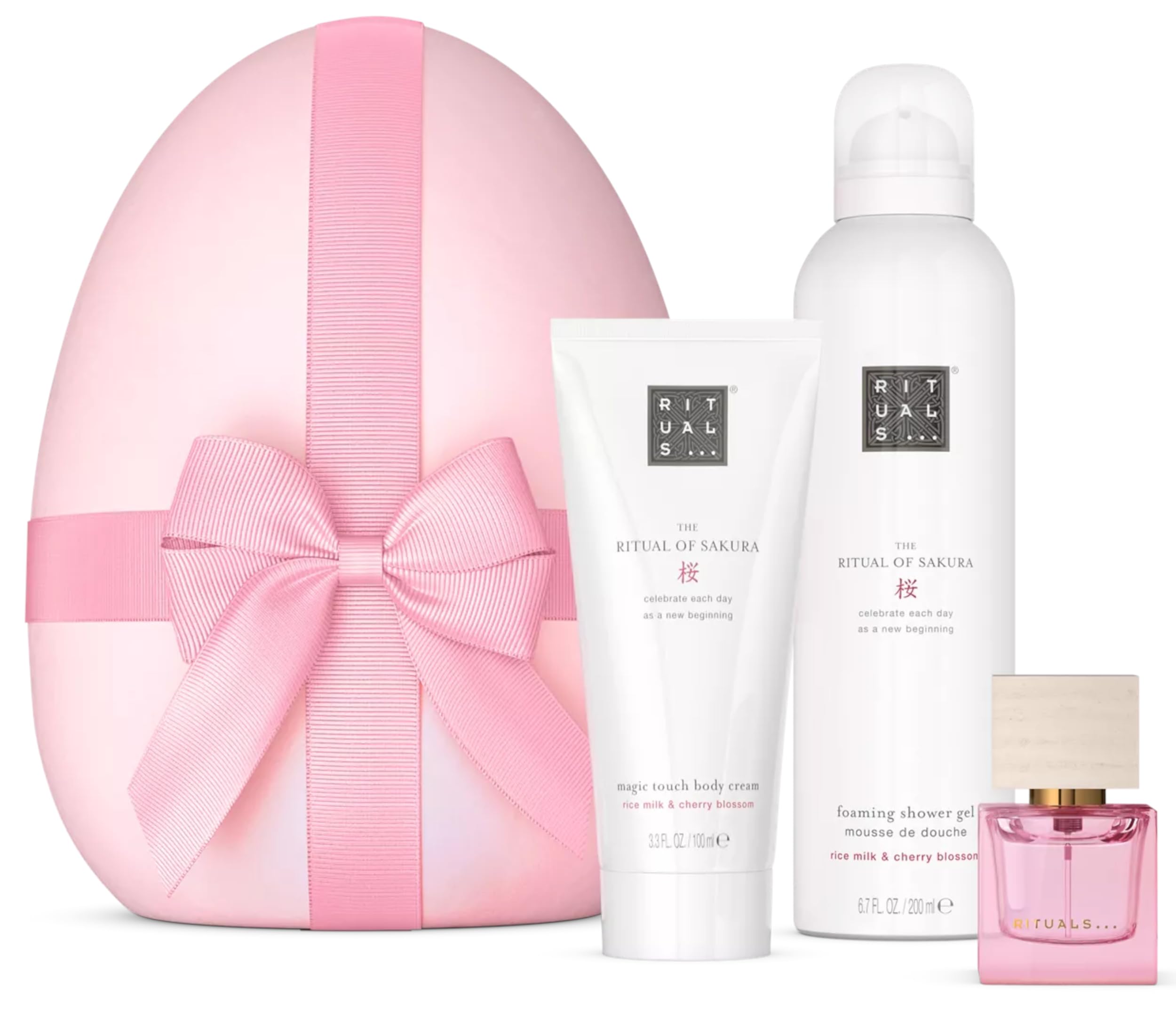 The Ritual Of Sakura Rituals Easter Egg Limited Edition: Żel pod prysznic 200 ml, balsam do rąk 70 ml, woda perfumowana 15 ml, balsam do ust + 1 spodek do herbaty gratis