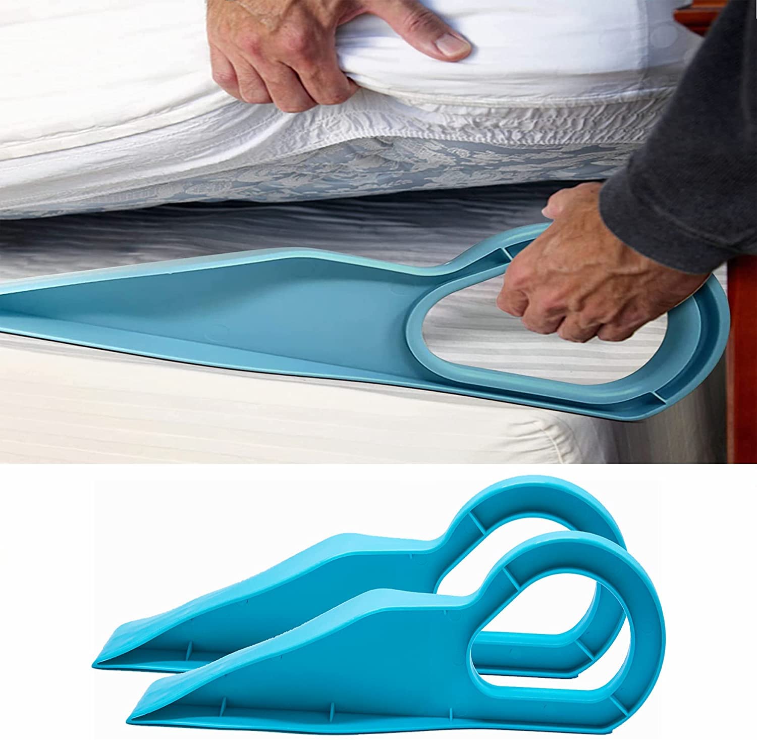 Pipihome 2Pcs Mattress Lifter, Mattress Elevator With New Ergonomic Design Mattress Wedge Elevator Bed Making & Lifting Easy to Use Safety Mattress Handy Tool Alleviate Back Pain (Blue)