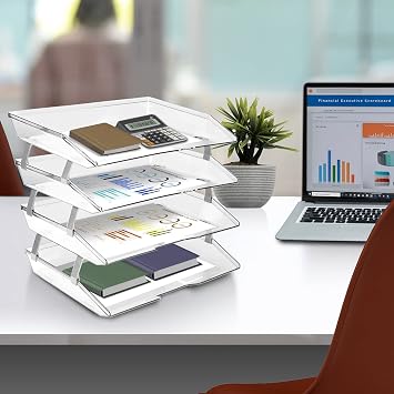 Acrimet 4 Tier Paper Organizer Letter Tray, Side Load Desktop File Sorter for Letter Size & A4 Documents, Stackable System Storage for Office Desk Organization, Plastic, Clear Crystal