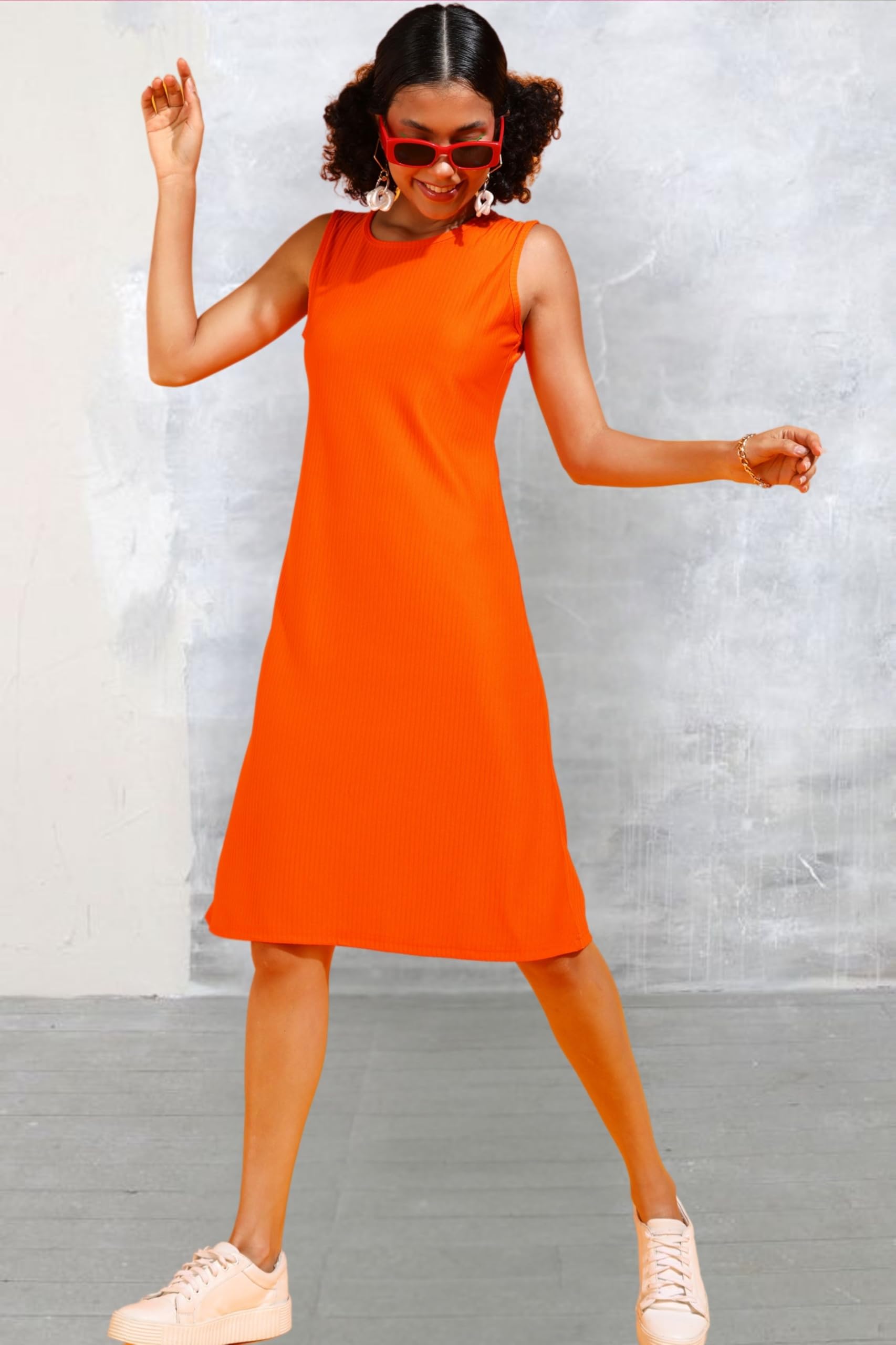 Popwings Women Casual Orange Rib Knee Length A-Line Dress Dress For Women | Stylish Dress For Women
