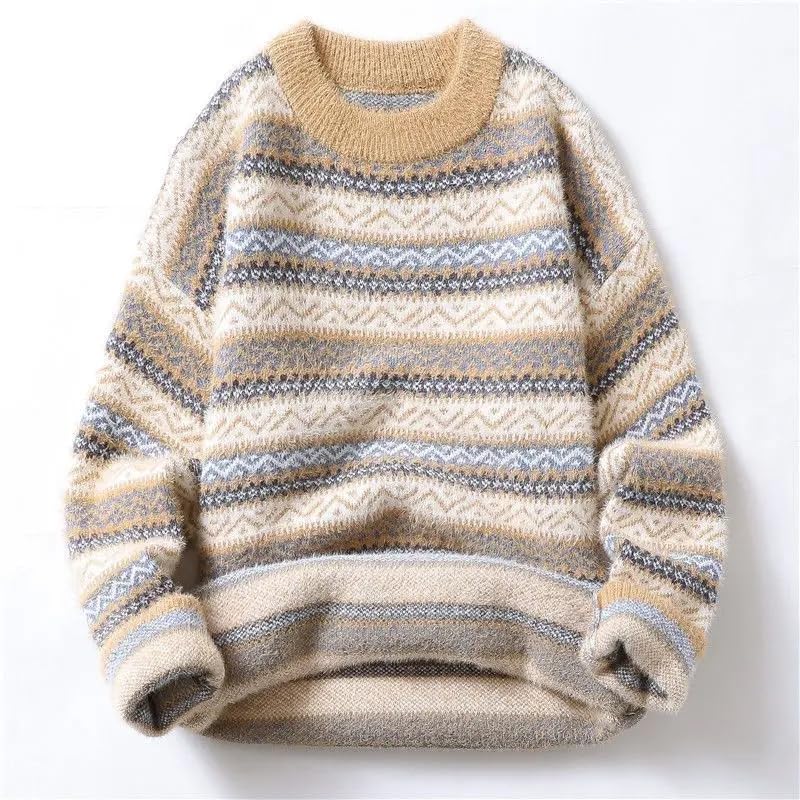 Men Autumn Winter Striped Thick Warm Knitted Sweater Youth Casual Round Neck Long Sleeve Loose Pullovers2